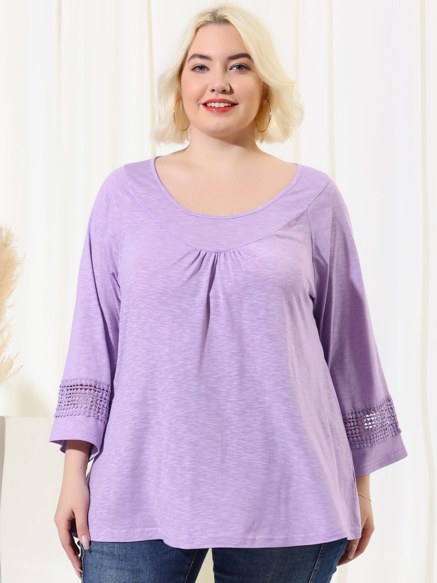 Women's Plus Size Tops Long Sleeve Crochet Panel Hollow Out Pleated Tunics Blouse