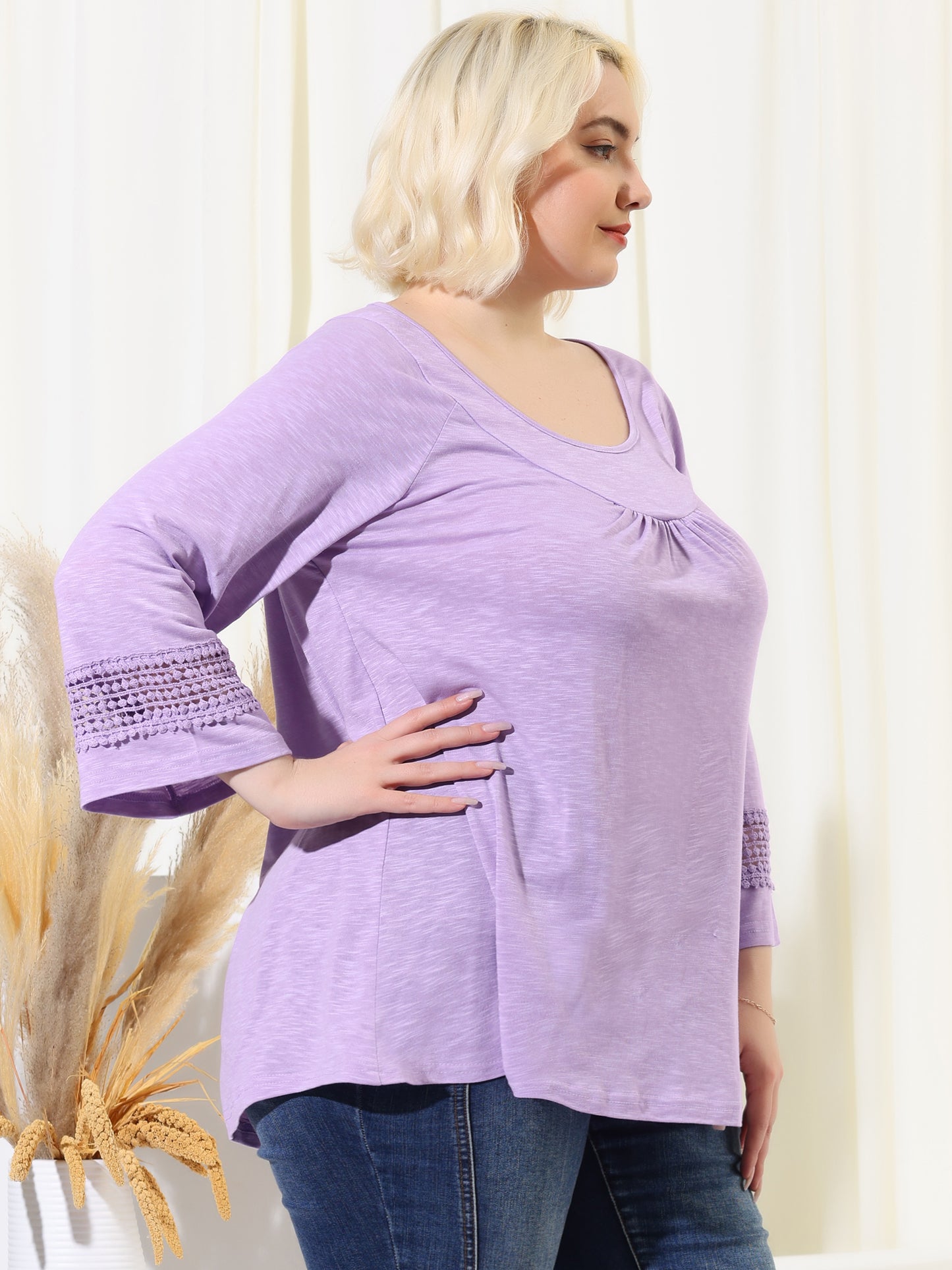Women's Plus Size Tops Long Sleeve Crochet Panel Hollow Out Pleated Tunics Blouse