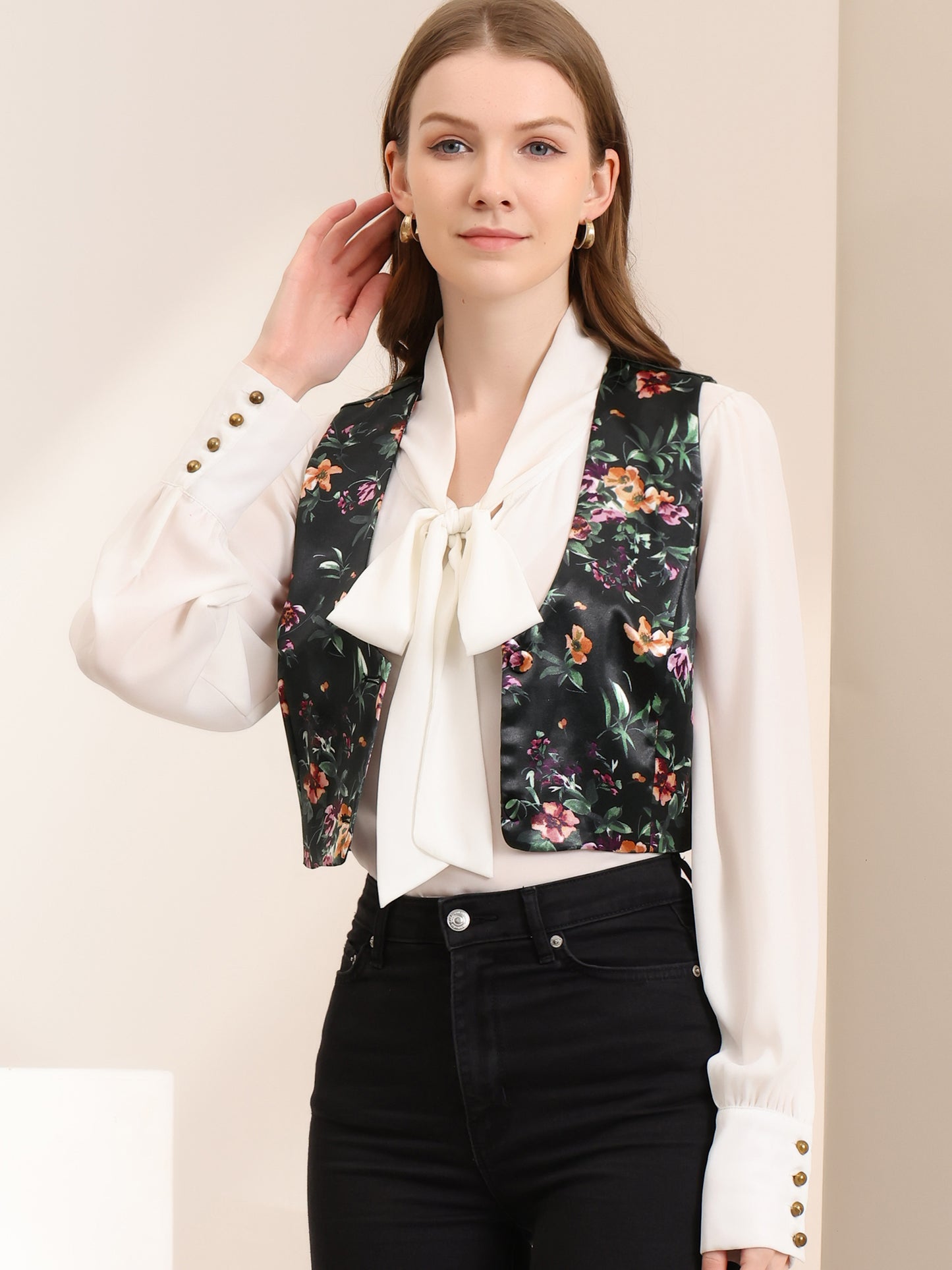 Women's Floral Pattern Vest Button Closure Cropped Satin Vintage Retro Waistcoat Vest