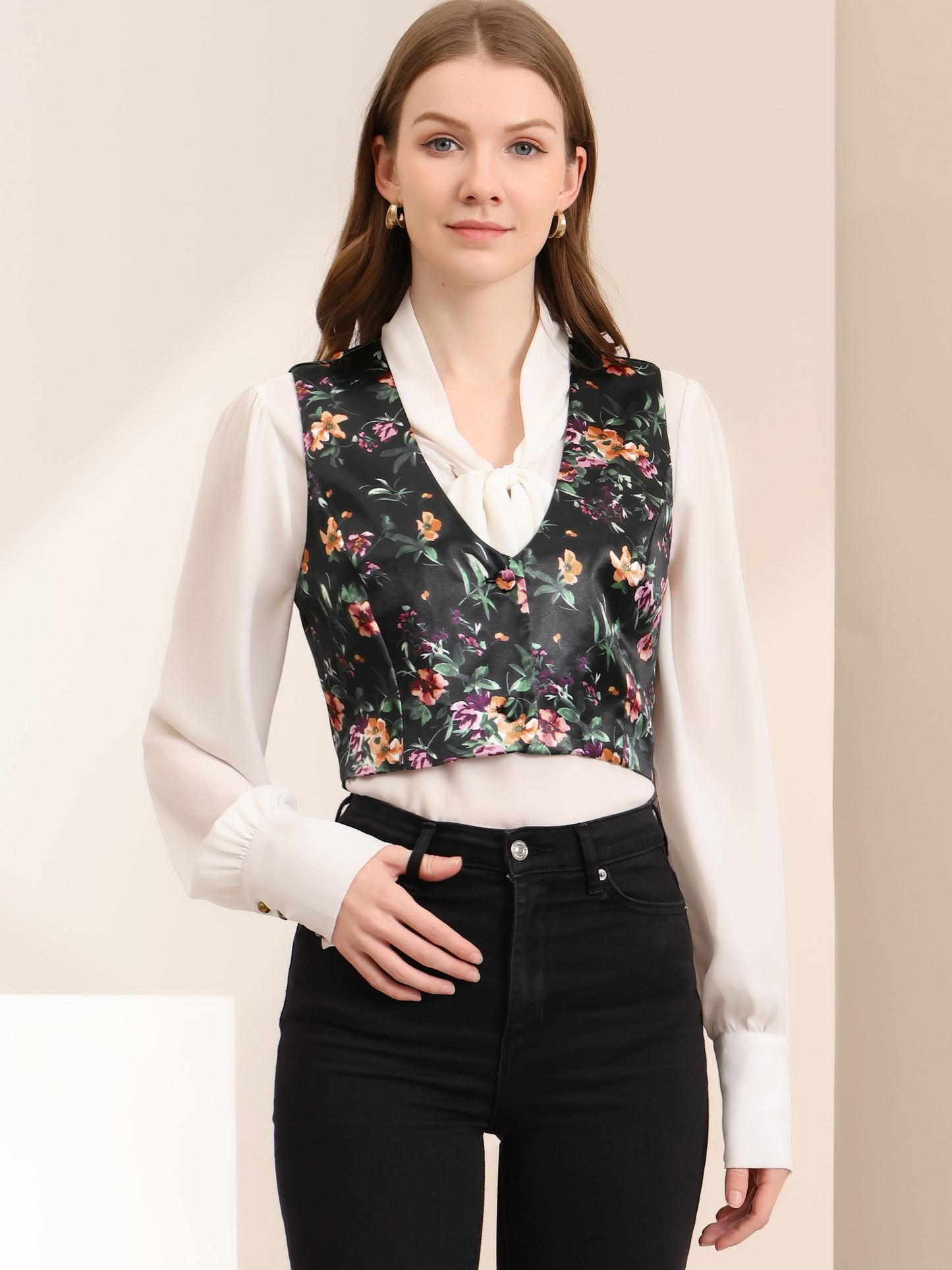 Women's Floral Pattern Vest Button Closure Cropped Satin Vintage Retro Waistcoat Vest