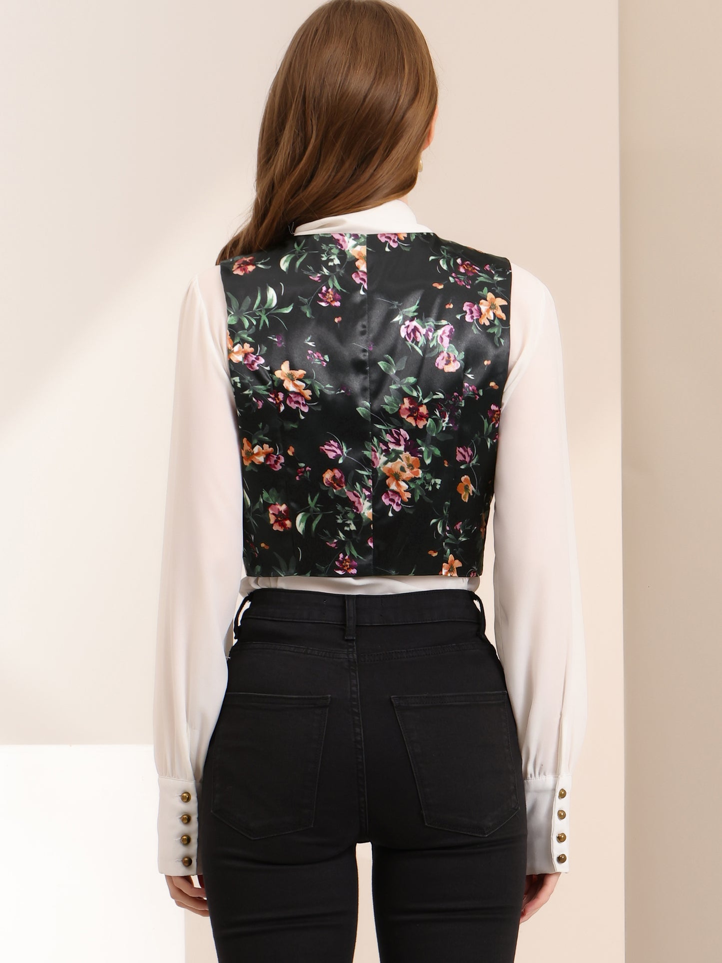 Women's Floral Pattern Vest Button Closure Cropped Satin Vintage Retro Waistcoat Vest