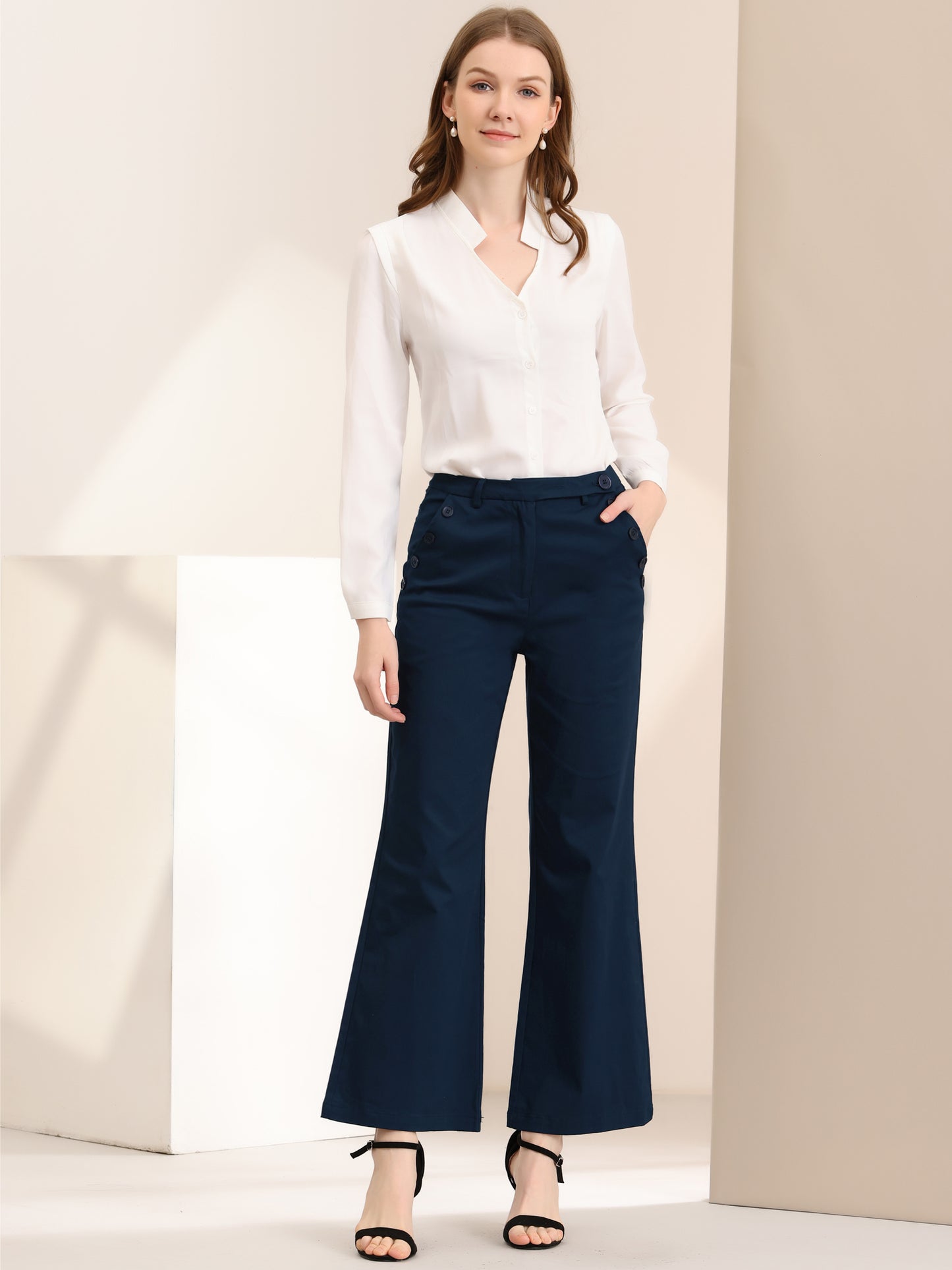 Women's Bell Bottom Long Pants High Waist Elegant Work Trousers