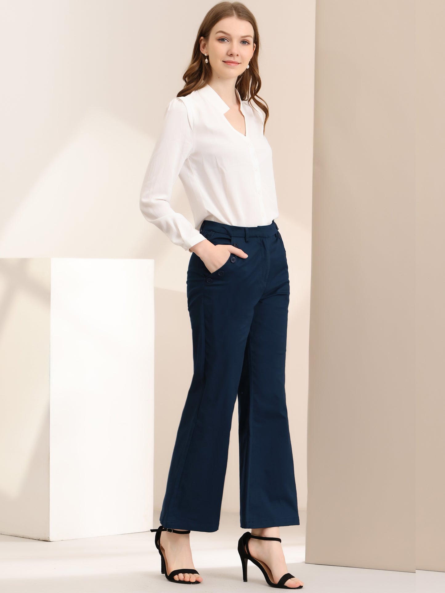 Women's Bell Bottom Long Pants High Waist Elegant Work Trousers
