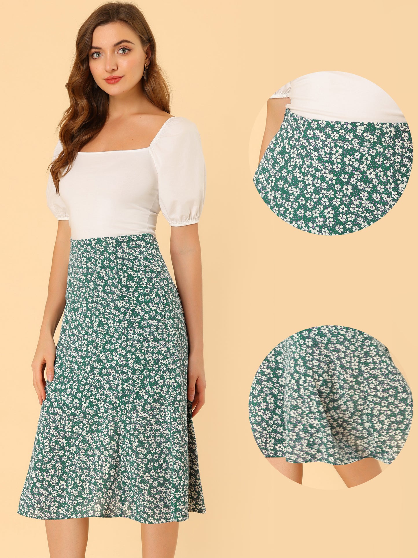 Women's Floral Midi Skirt Peasant Elastic Waist A-Line Ditsy Printed Skirts