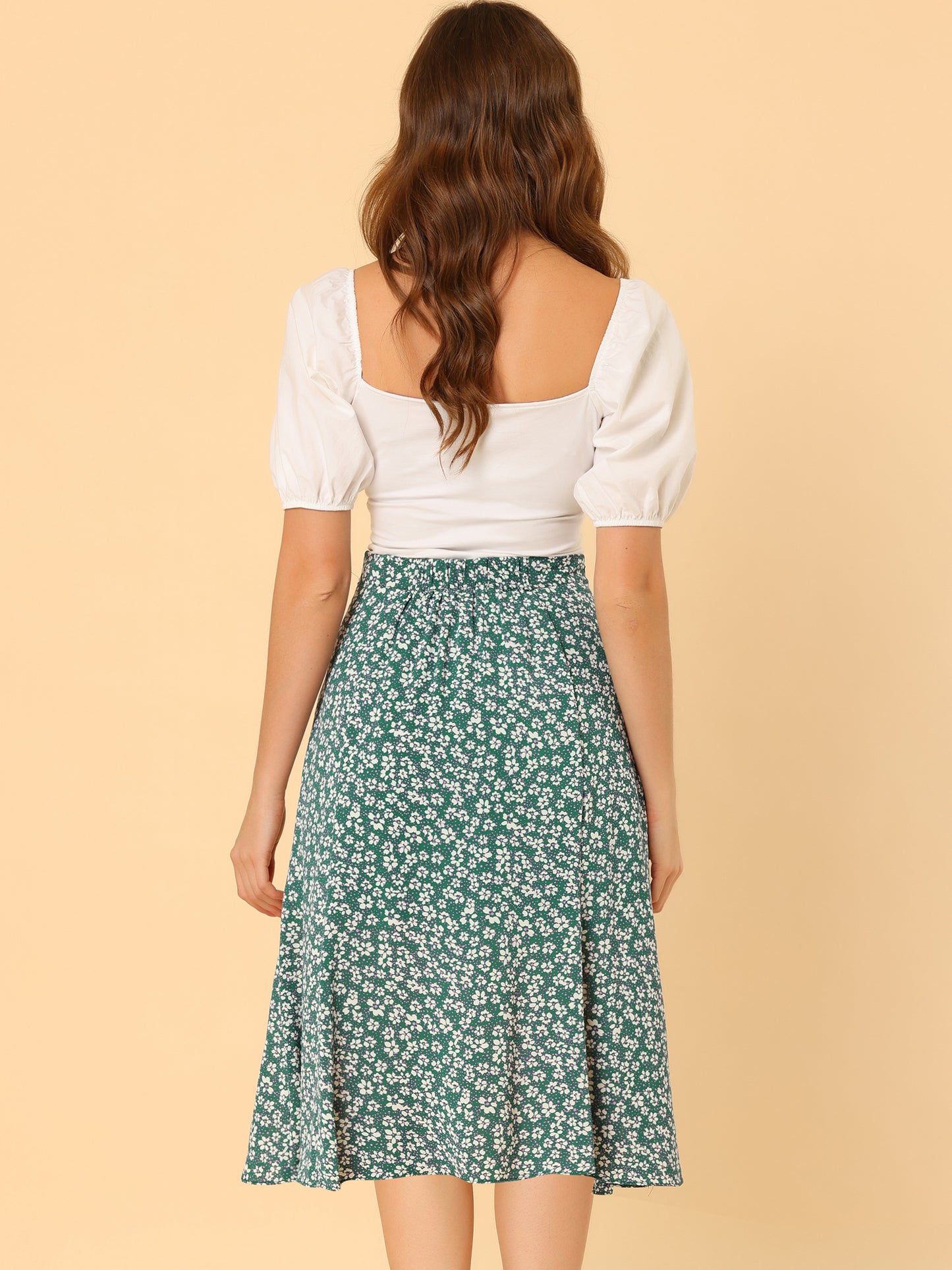 Women's Floral Midi Skirt Peasant Elastic Waist A-Line Ditsy Printed Skirts