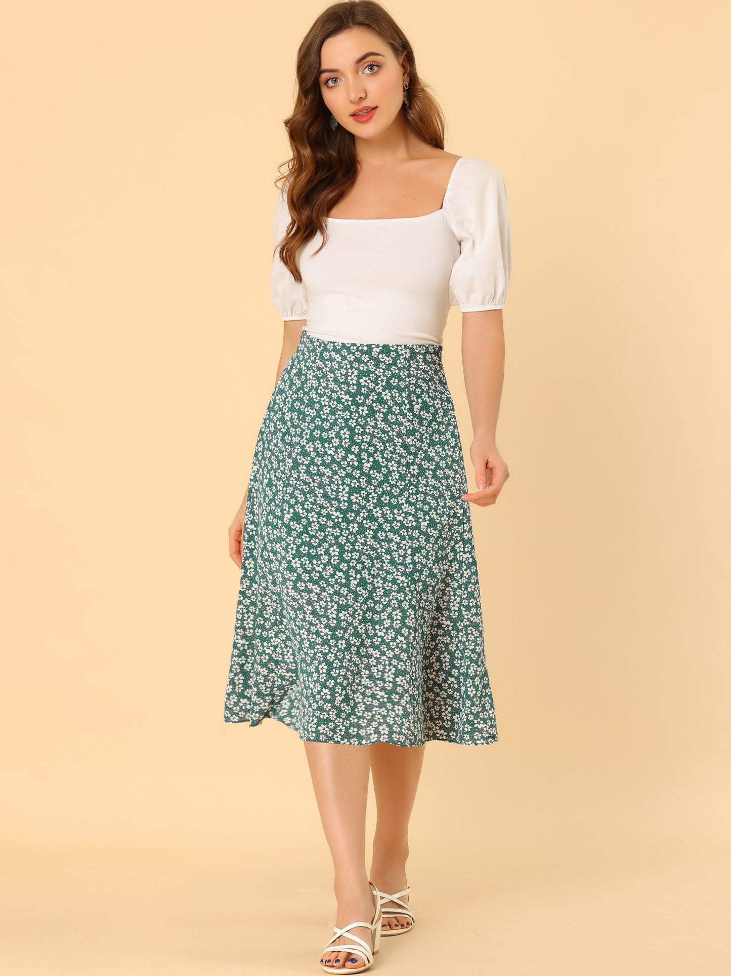 Women's Floral Midi Skirt Peasant Elastic Waist A-Line Ditsy Printed Skirts