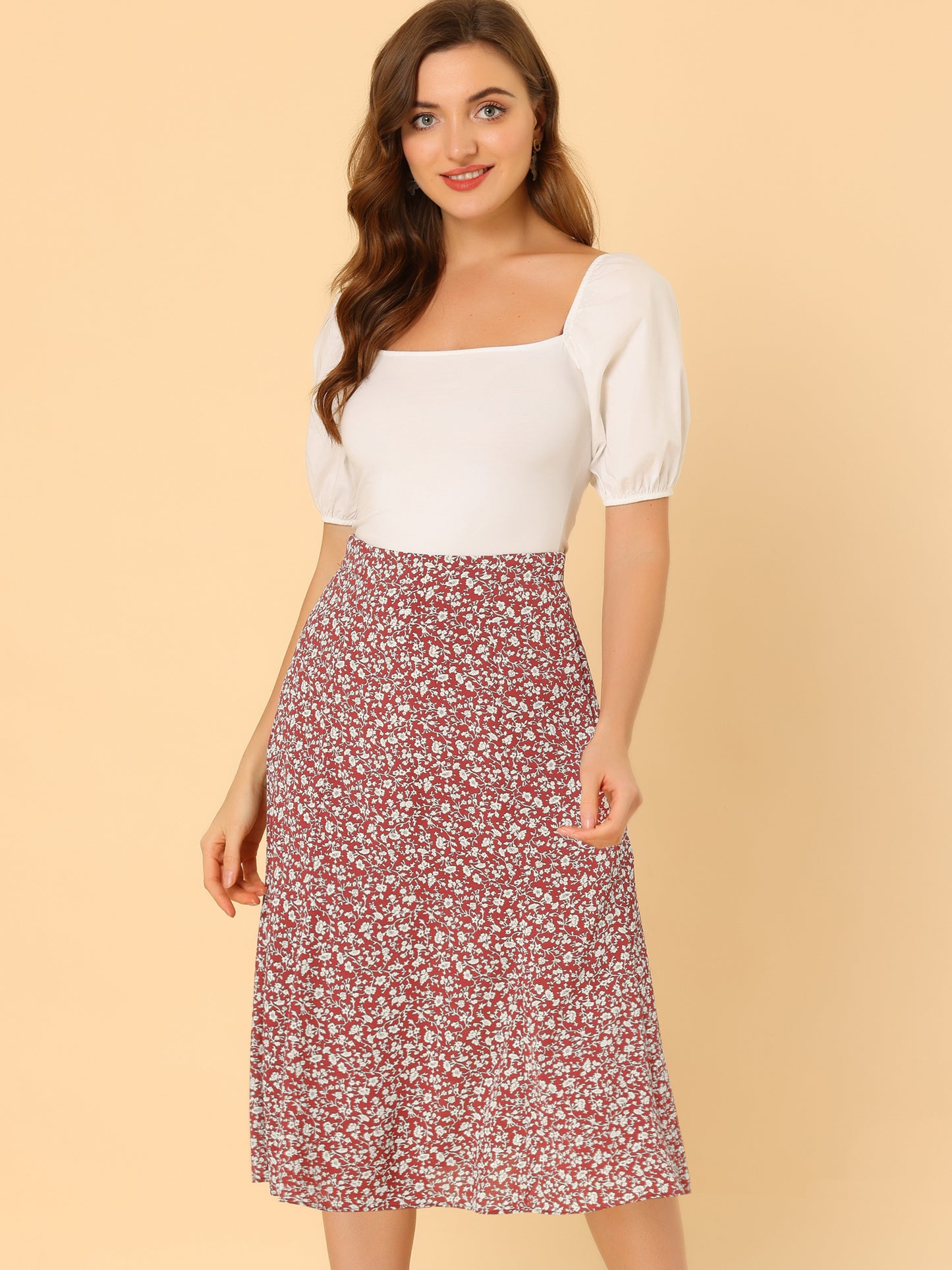 Falda midi floral para mujer, cintura elástica, corte A, estampado de florecitas