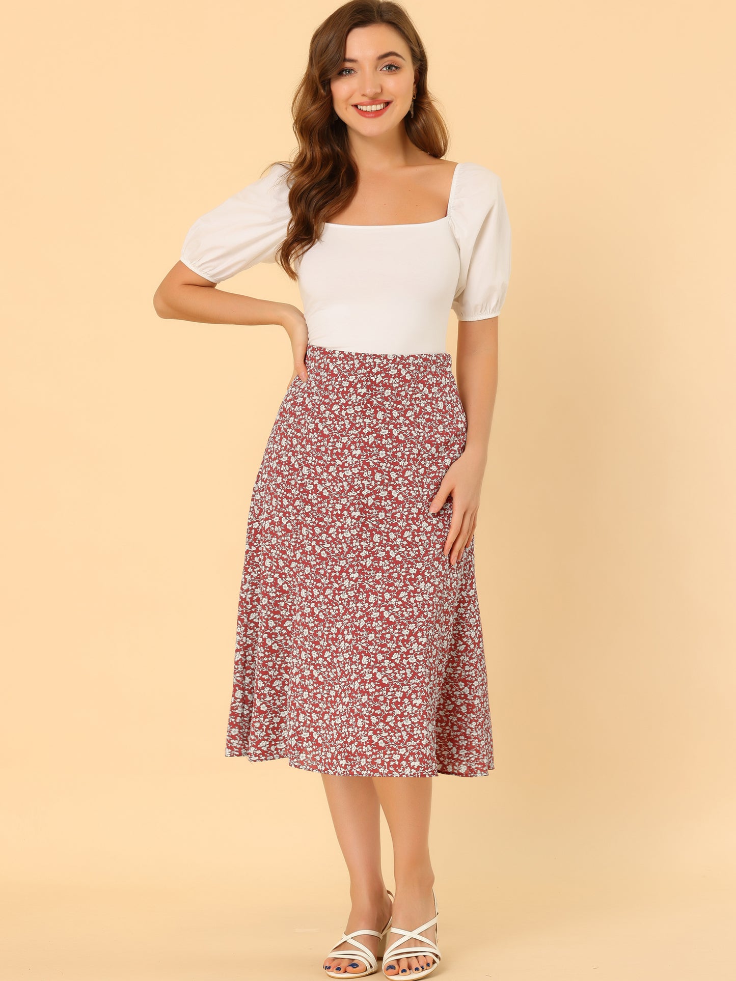 Falda midi floral para mujer, cintura elástica, corte A, estampado de florecitas