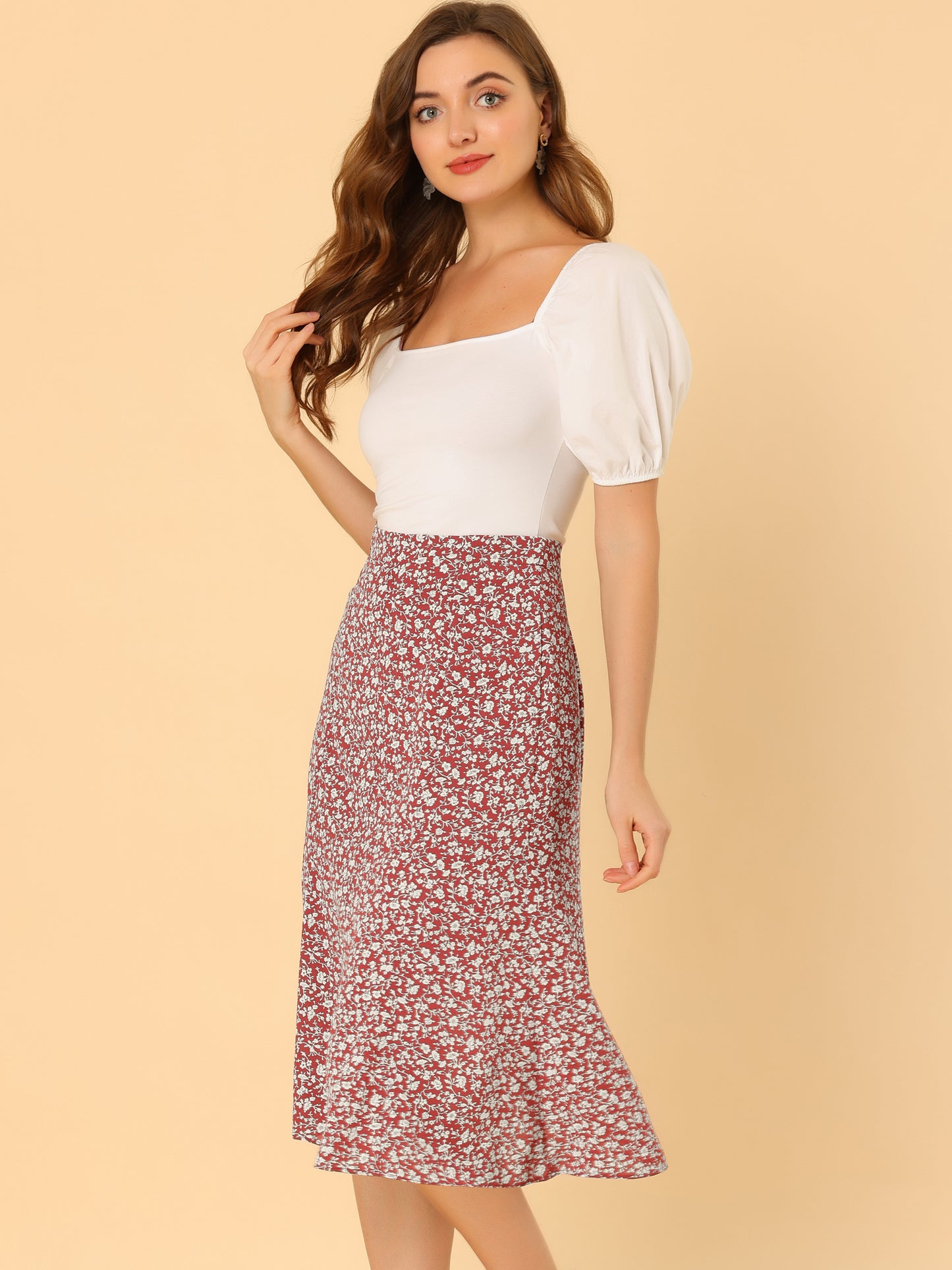 Falda midi floral para mujer, cintura elástica, corte A, estampado de florecitas