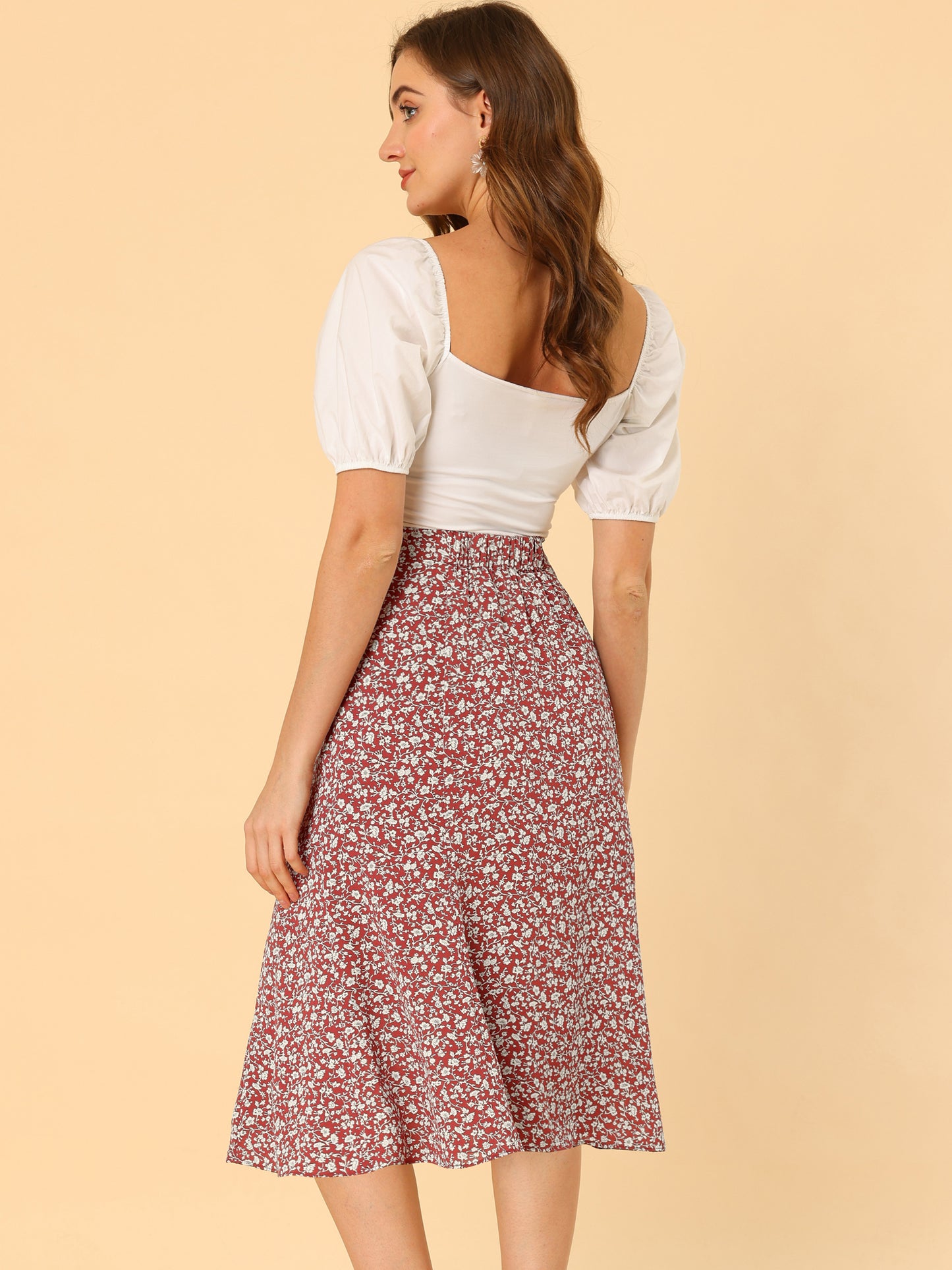 Falda midi floral para mujer, cintura elástica, corte A, estampado de florecitas