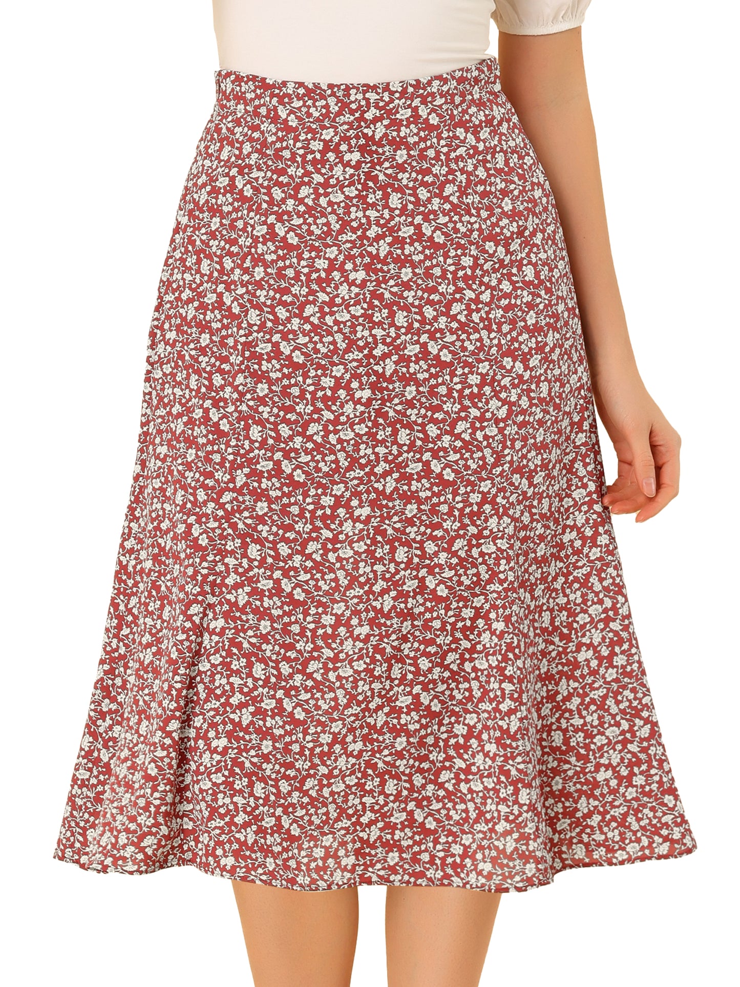Falda midi floral para mujer, cintura elástica, corte A, estampado de florecitas