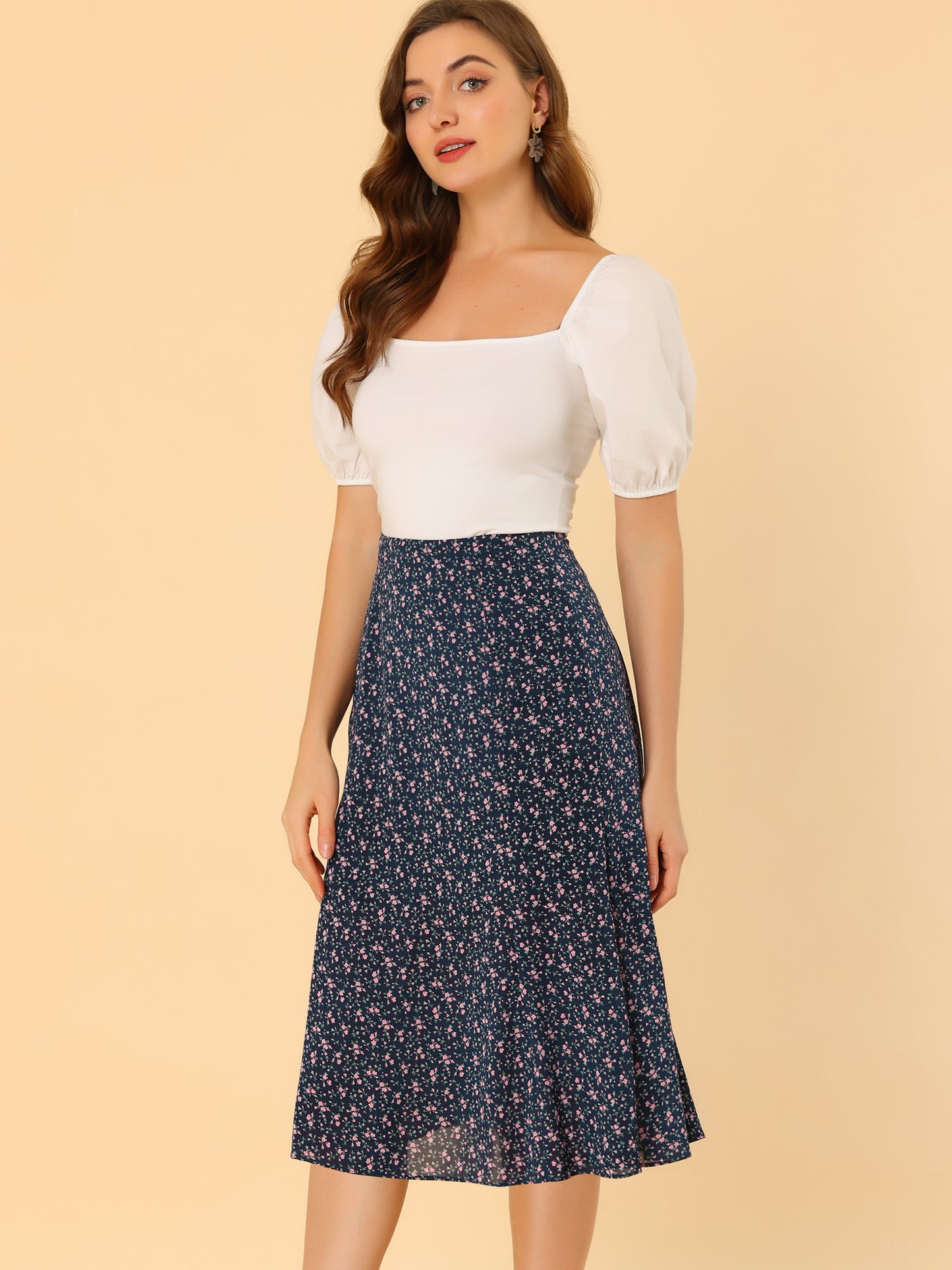 Falda midi floral para mujer, cintura elástica, corte A, estampado de florecitas