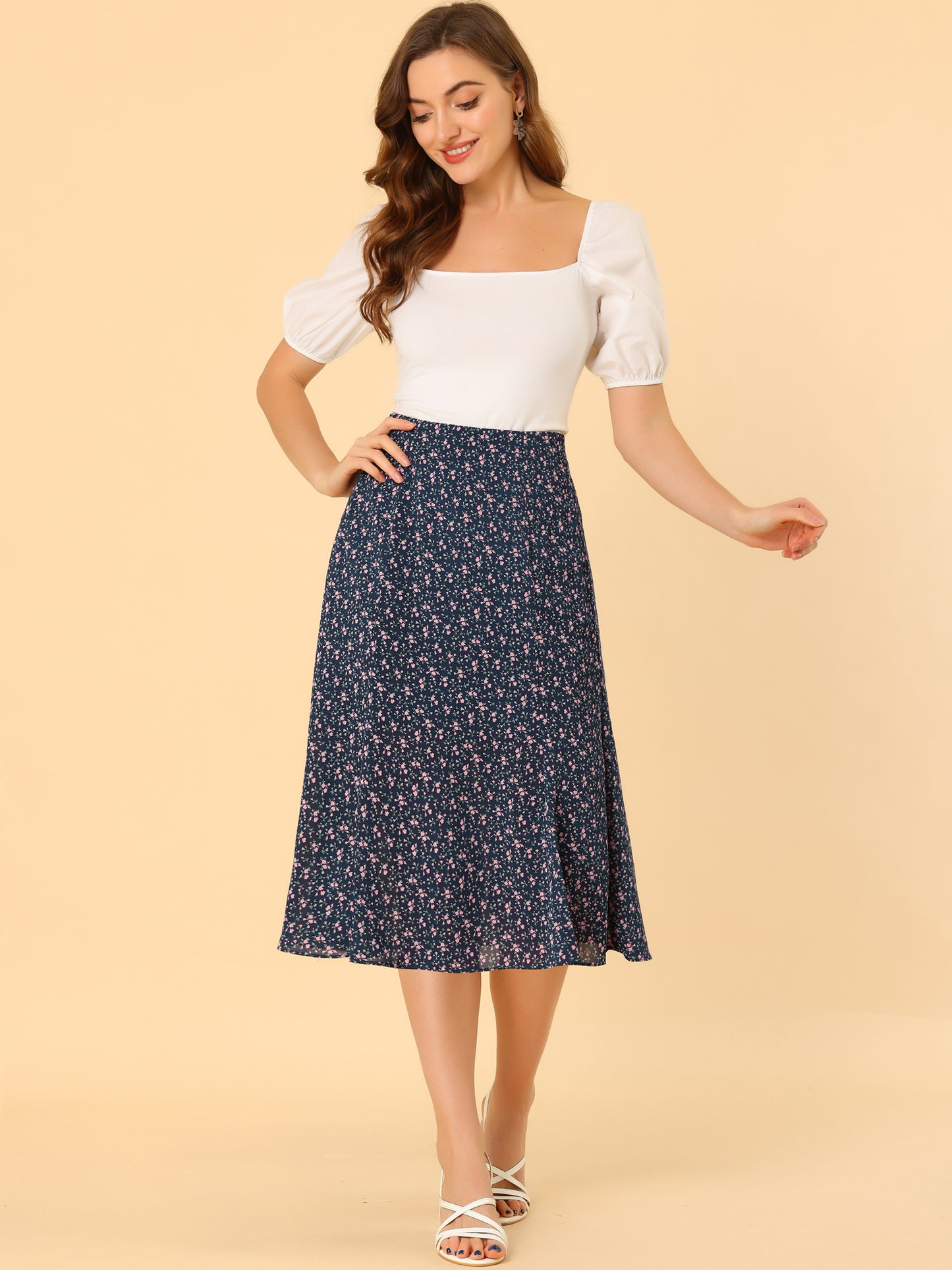 Falda midi floral para mujer, cintura elástica, corte A, estampado de florecitas