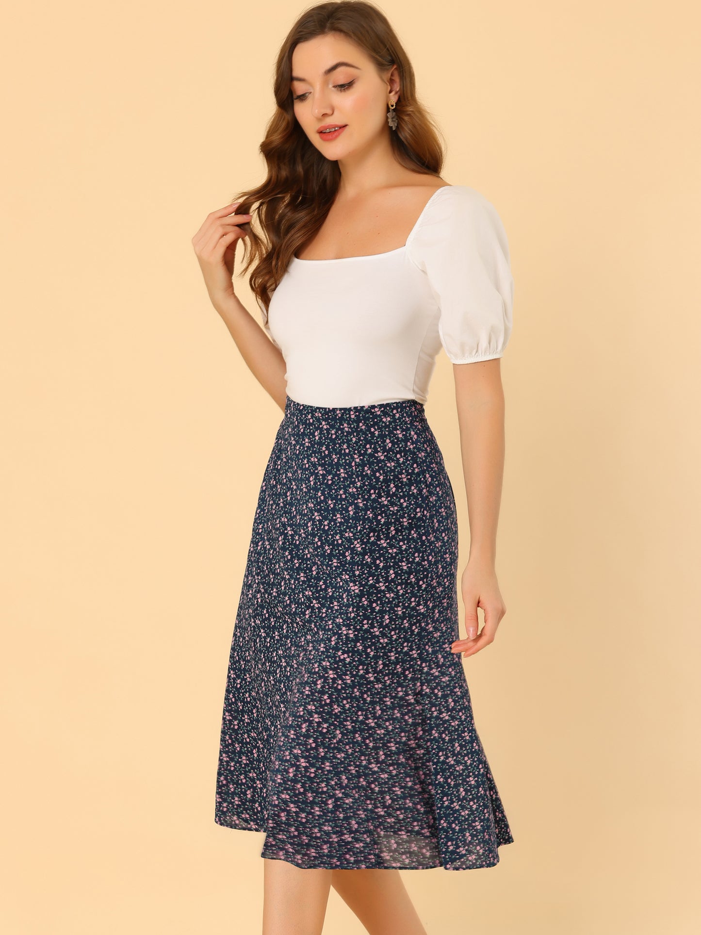 Falda midi floral para mujer, cintura elástica, corte A, estampado de florecitas