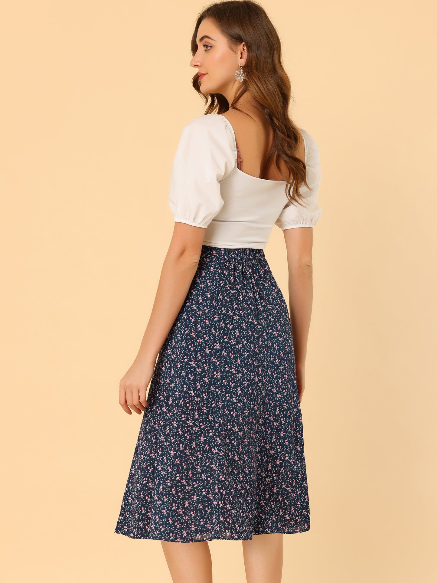 Falda midi floral para mujer, cintura elástica, corte A, estampado de florecitas