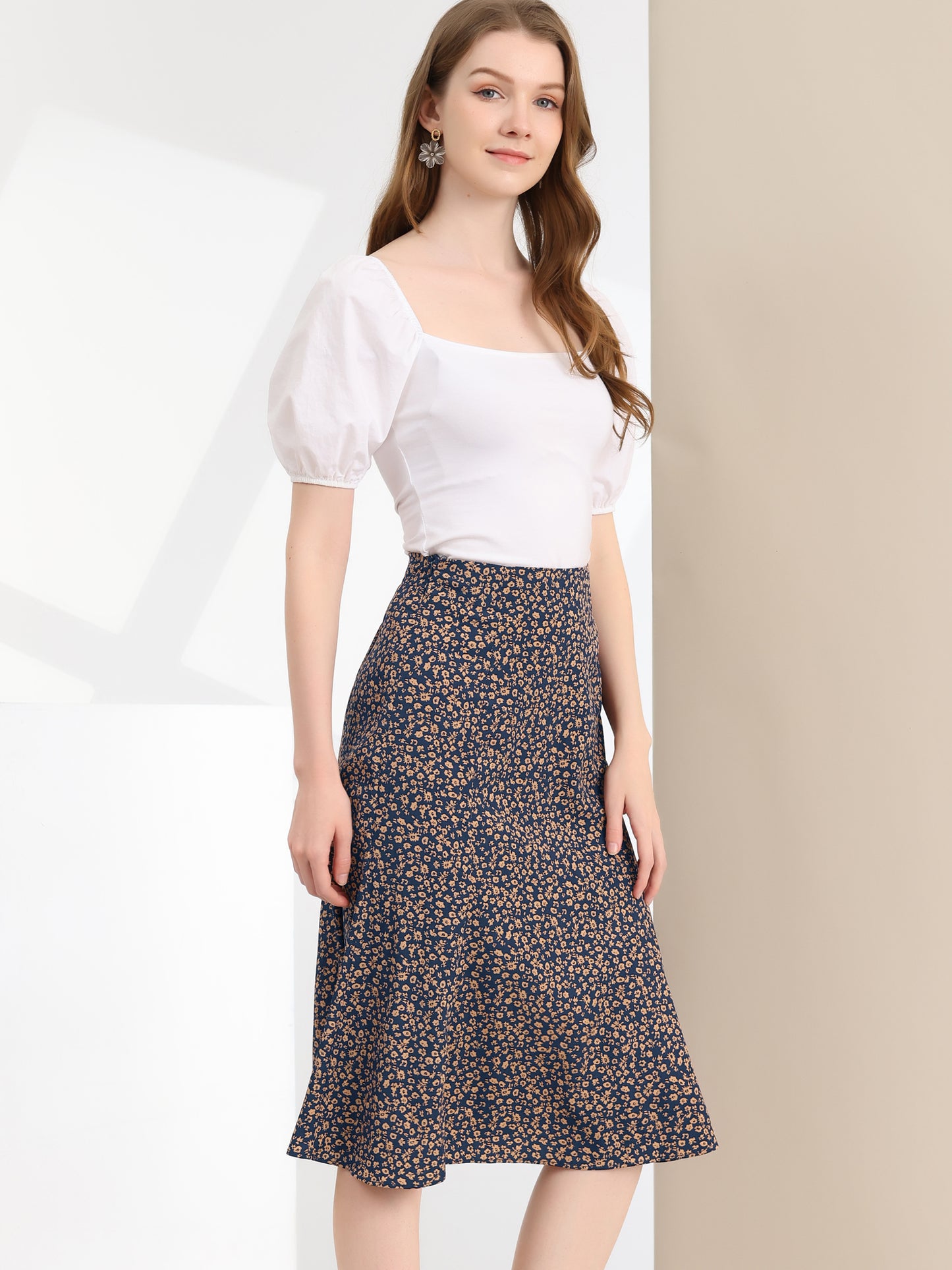 Women's Floral Midi Skirt Peasant Elastic Waist A-Line Ditsy Printed Skirts