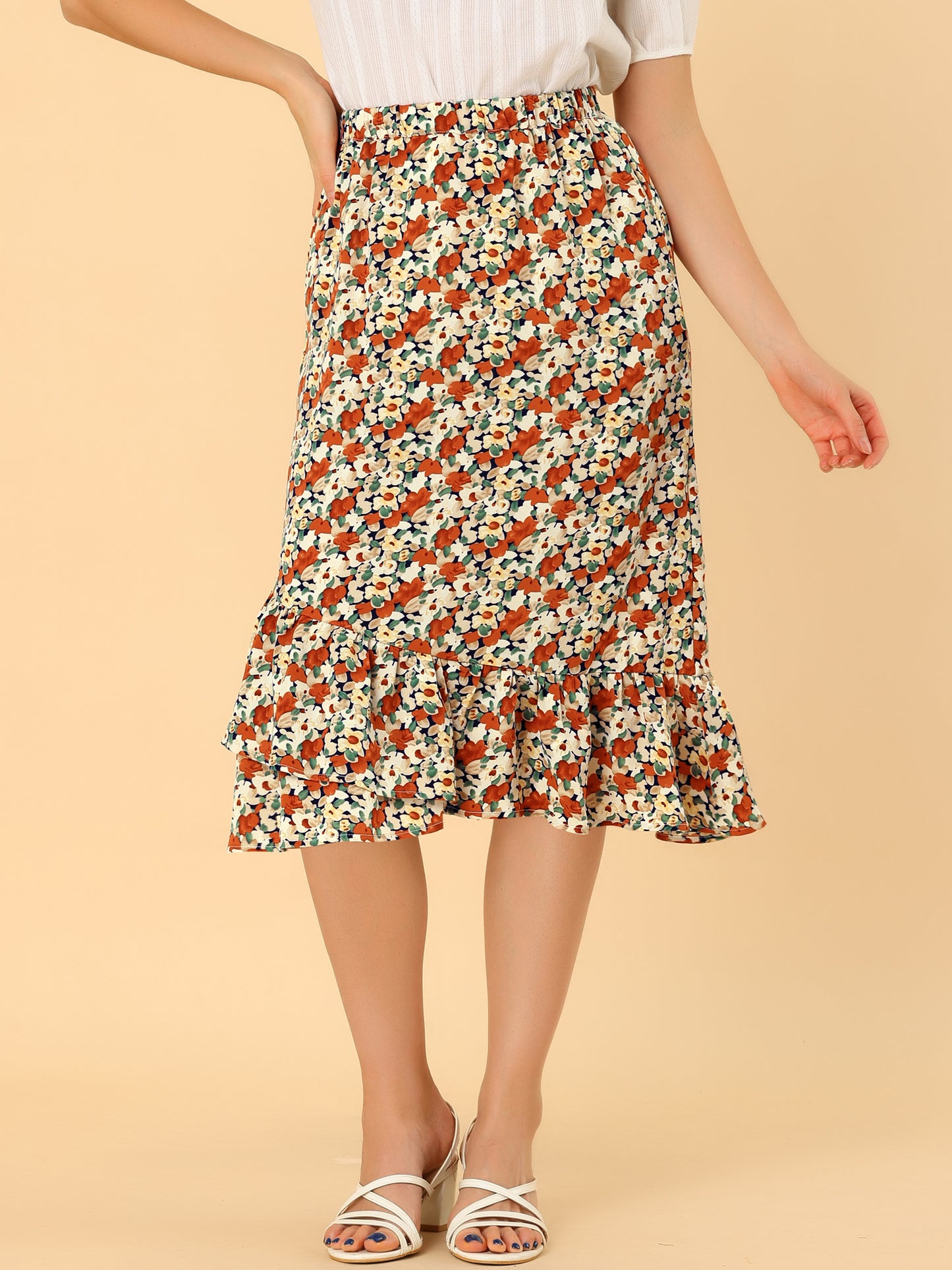 Falda floral de verano para mujer, cintura elástica, dobladillo alto y bajo con volantes, falda midi