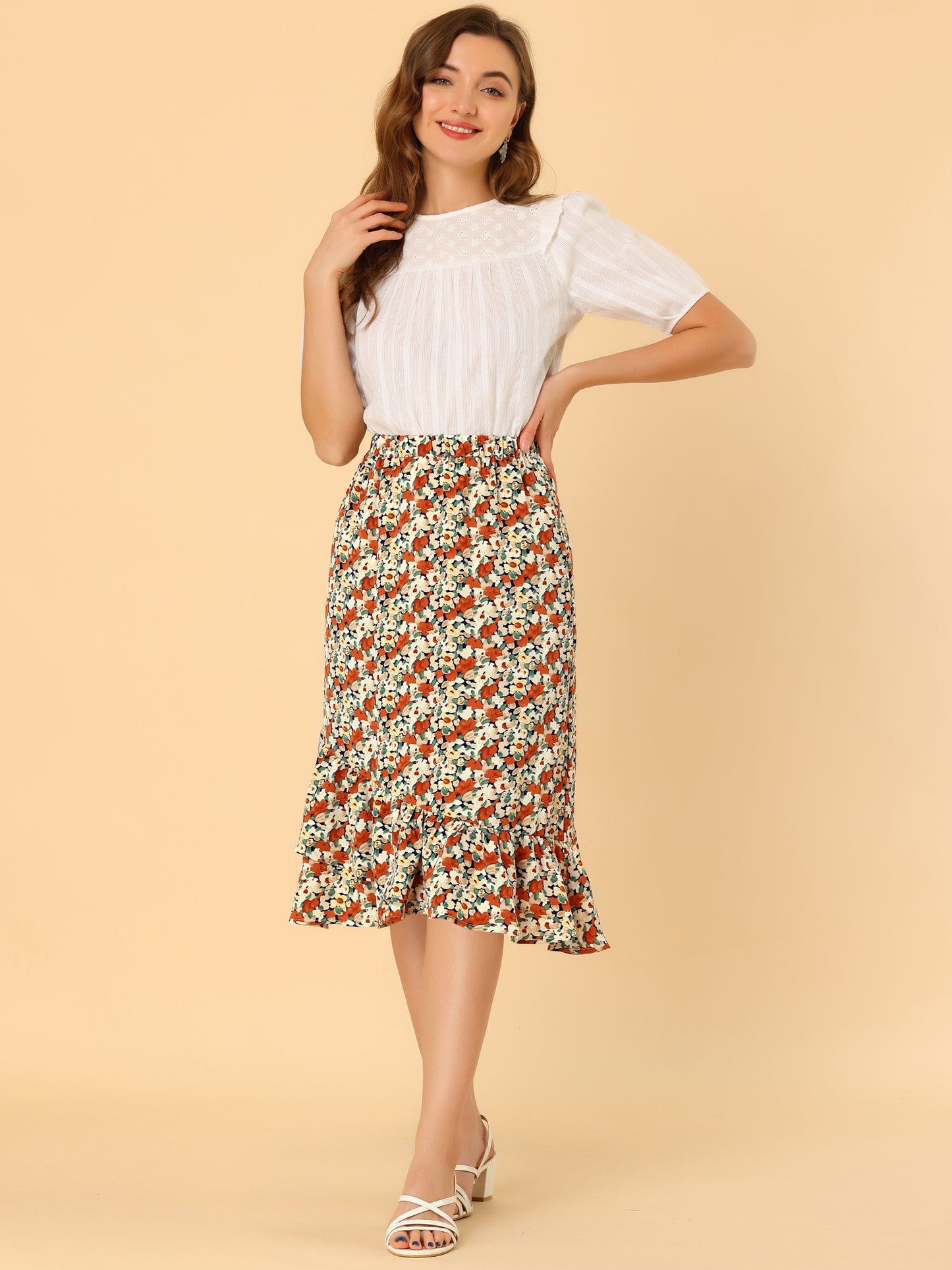 Falda floral de verano para mujer, cintura elástica, dobladillo alto y bajo con volantes, falda midi