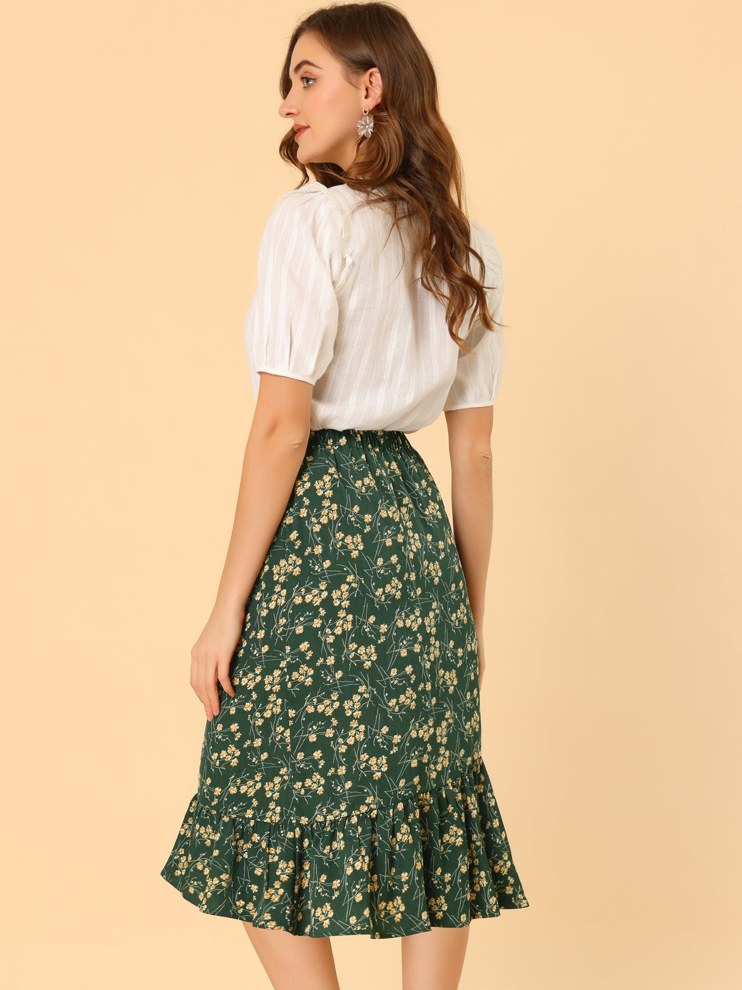 Falda floral de verano para mujer, cintura elástica, dobladillo alto y bajo con volantes, falda midi