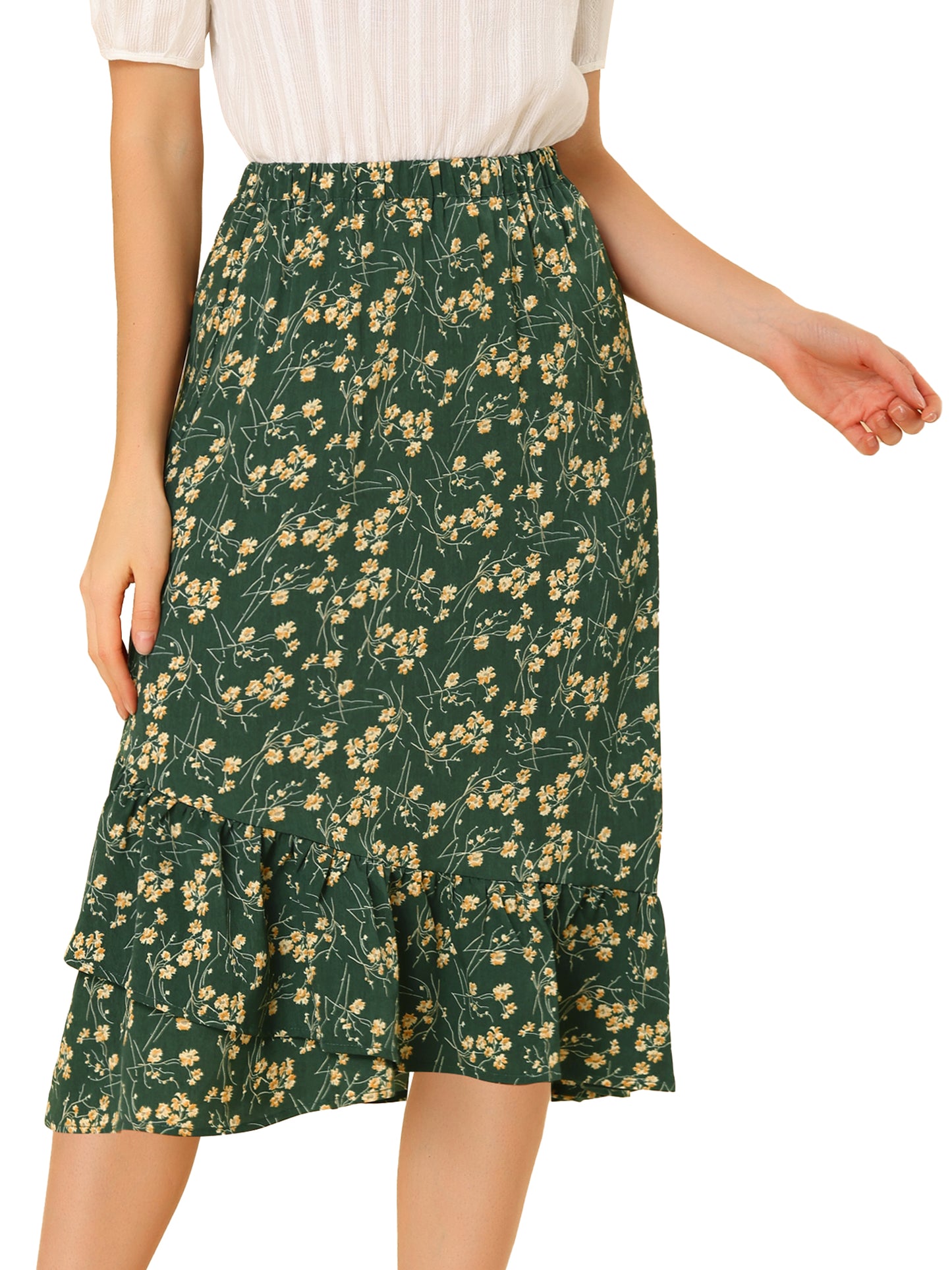 Falda floral de verano para mujer, cintura elástica, dobladillo alto y bajo con volantes, falda midi