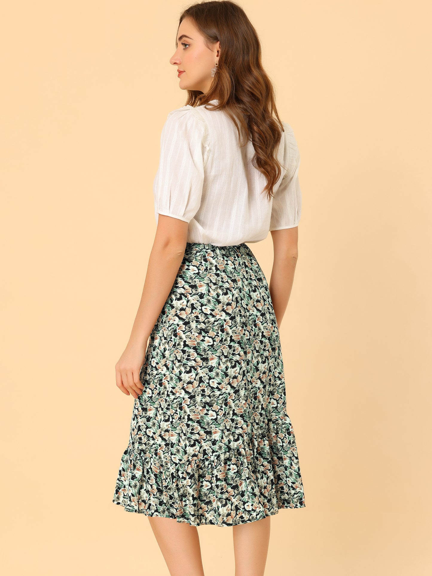 Women's Summer Floral Skirt Elastic Waist High Low Ruffle Hem Midi Skirt