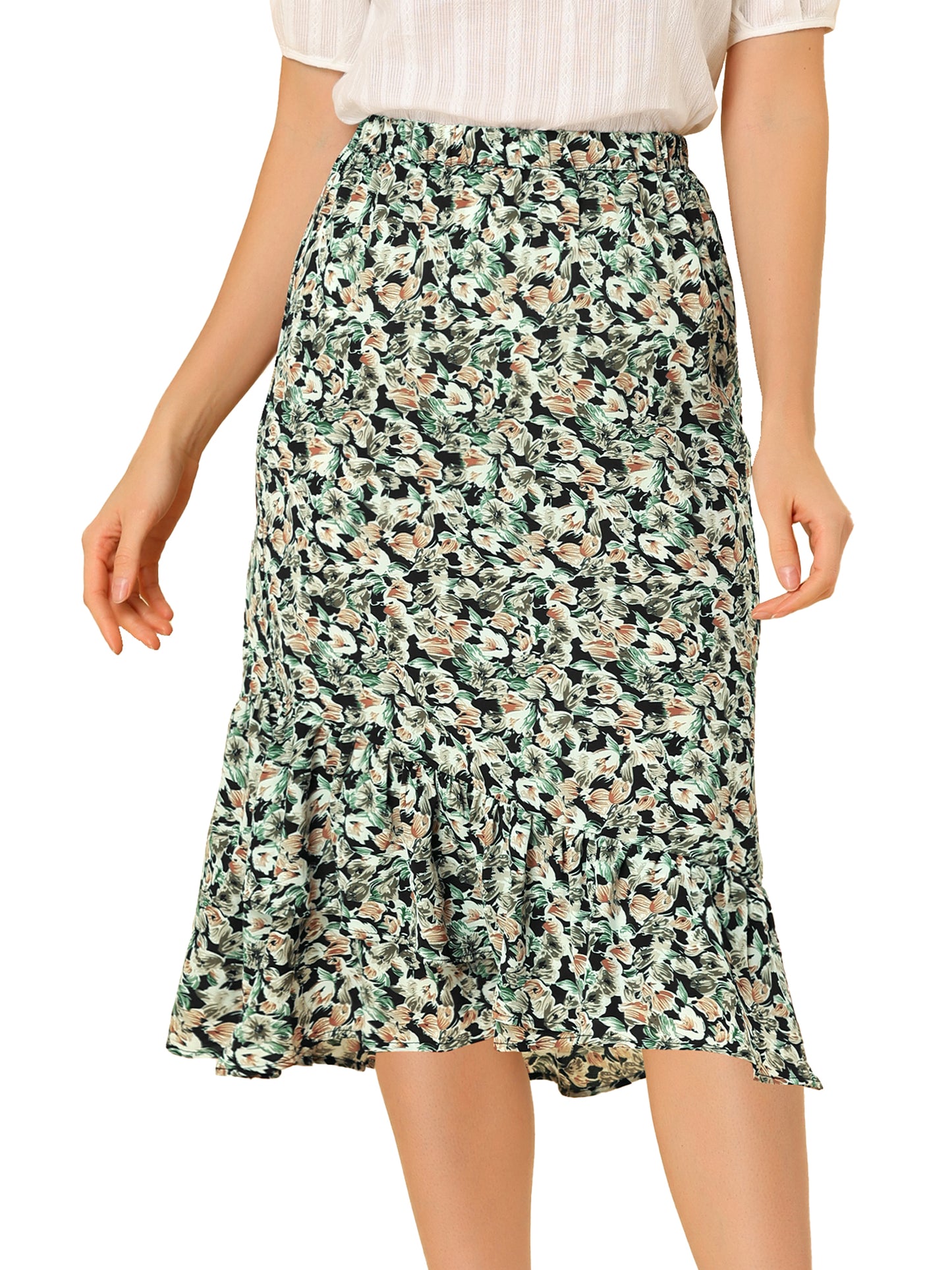 Women's Summer Floral Skirt Elastic Waist High Low Ruffle Hem Midi Skirt