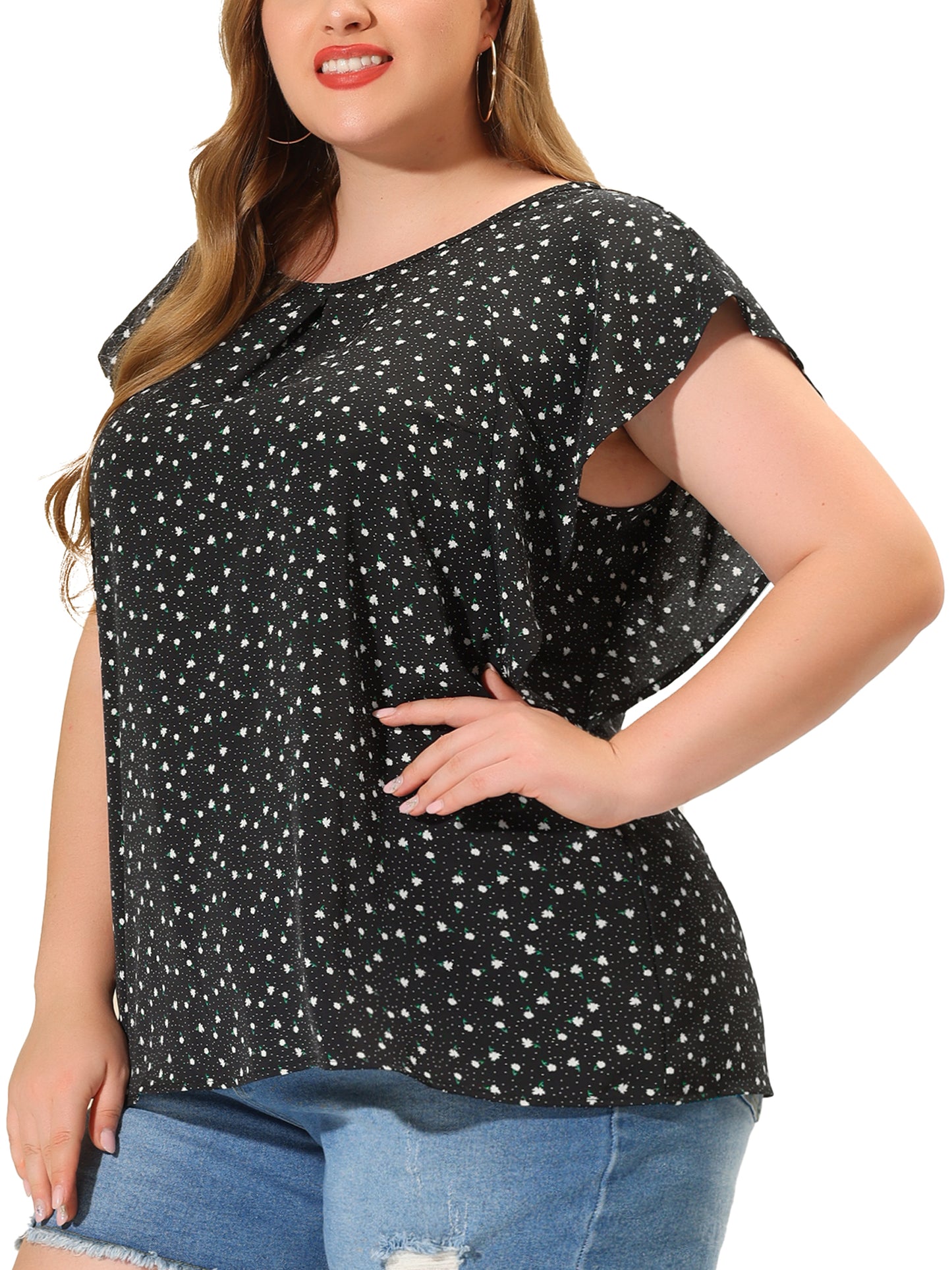 Women Plus Size Top Round Neck Short Sleeve Ruffle Summer Polka Dots Floral Blouse