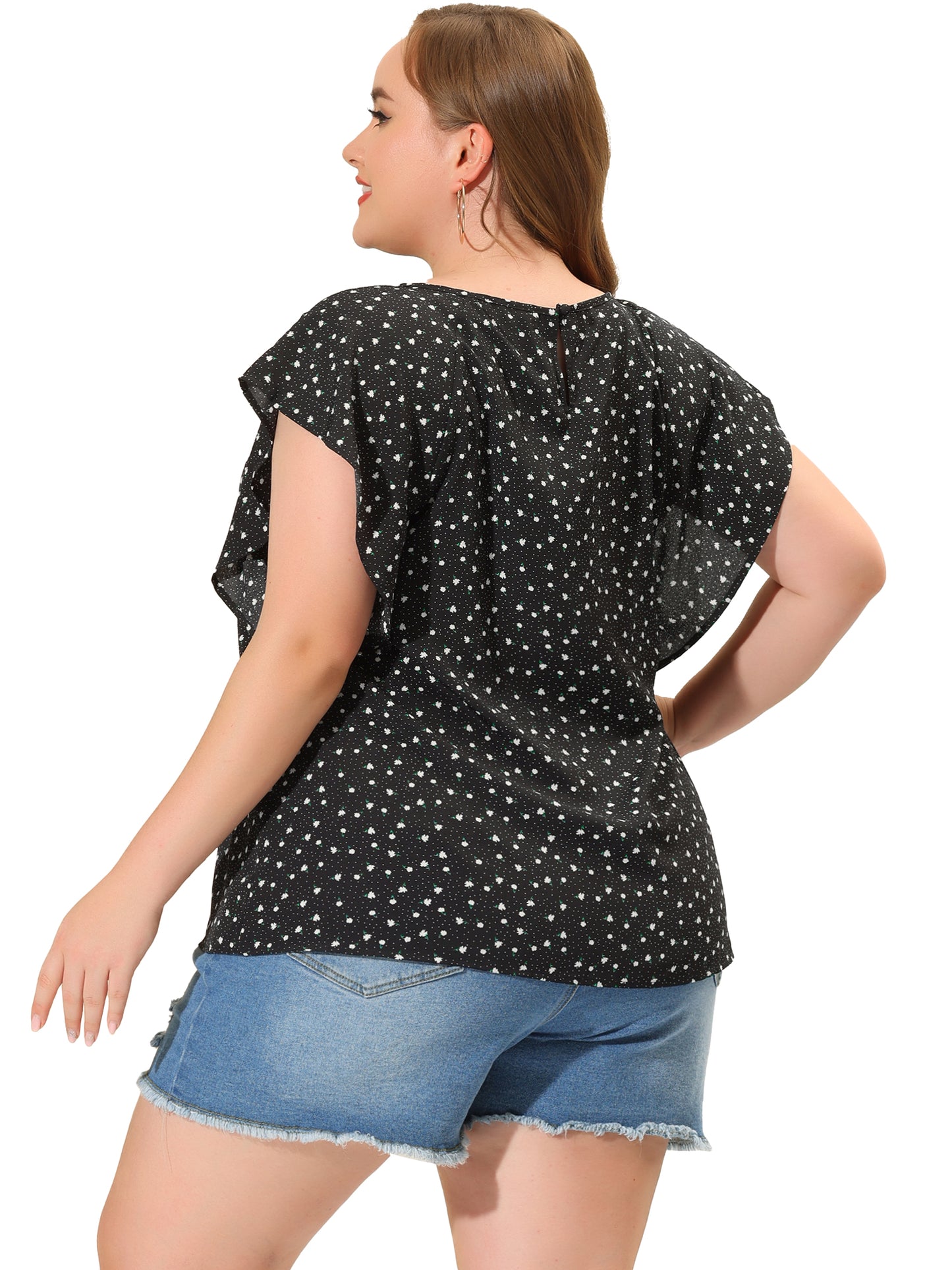 Women Plus Size Top Round Neck Short Sleeve Ruffle Summer Polka Dots Floral Blouse