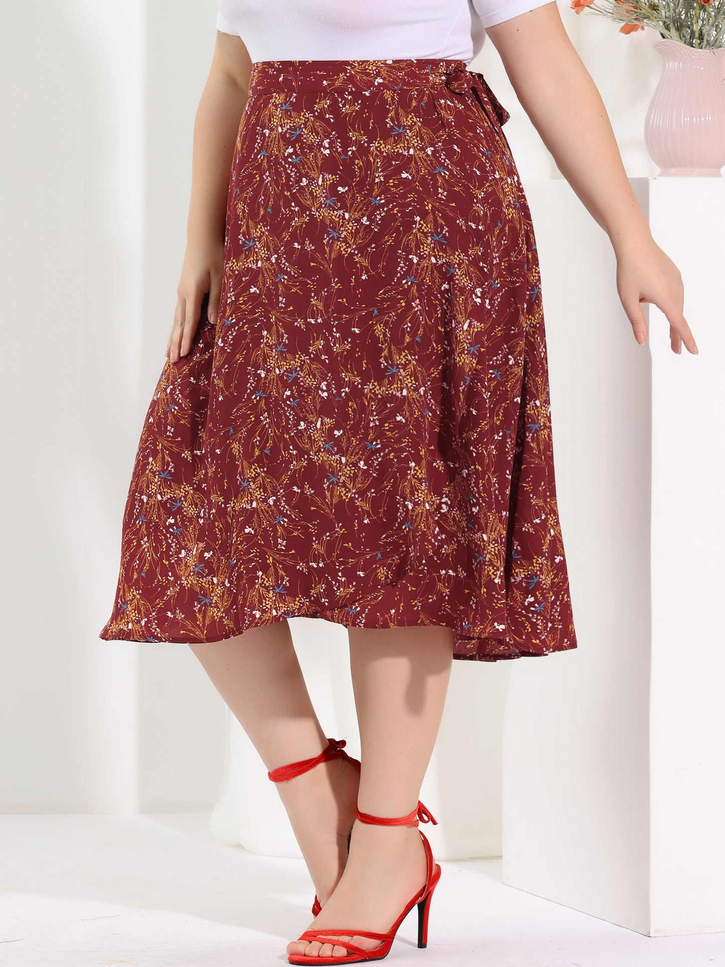 Women's Plus Size Boho Floral Wrap A Line Midi Chic Ruffled Hem High Waisted Skirt