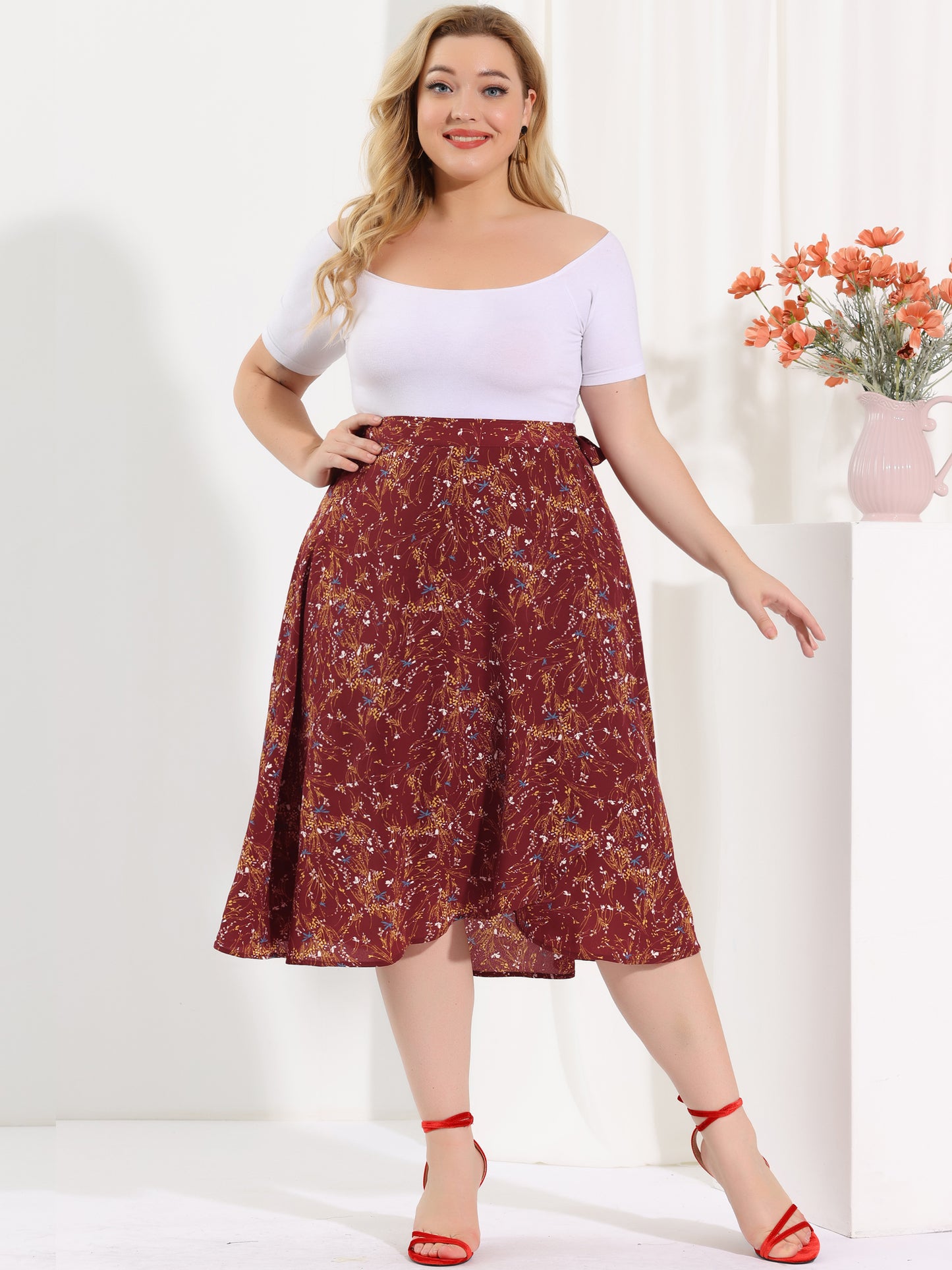 Women's Plus Size Boho Floral Wrap A Line Midi Chic Ruffled Hem High Waisted Skirt