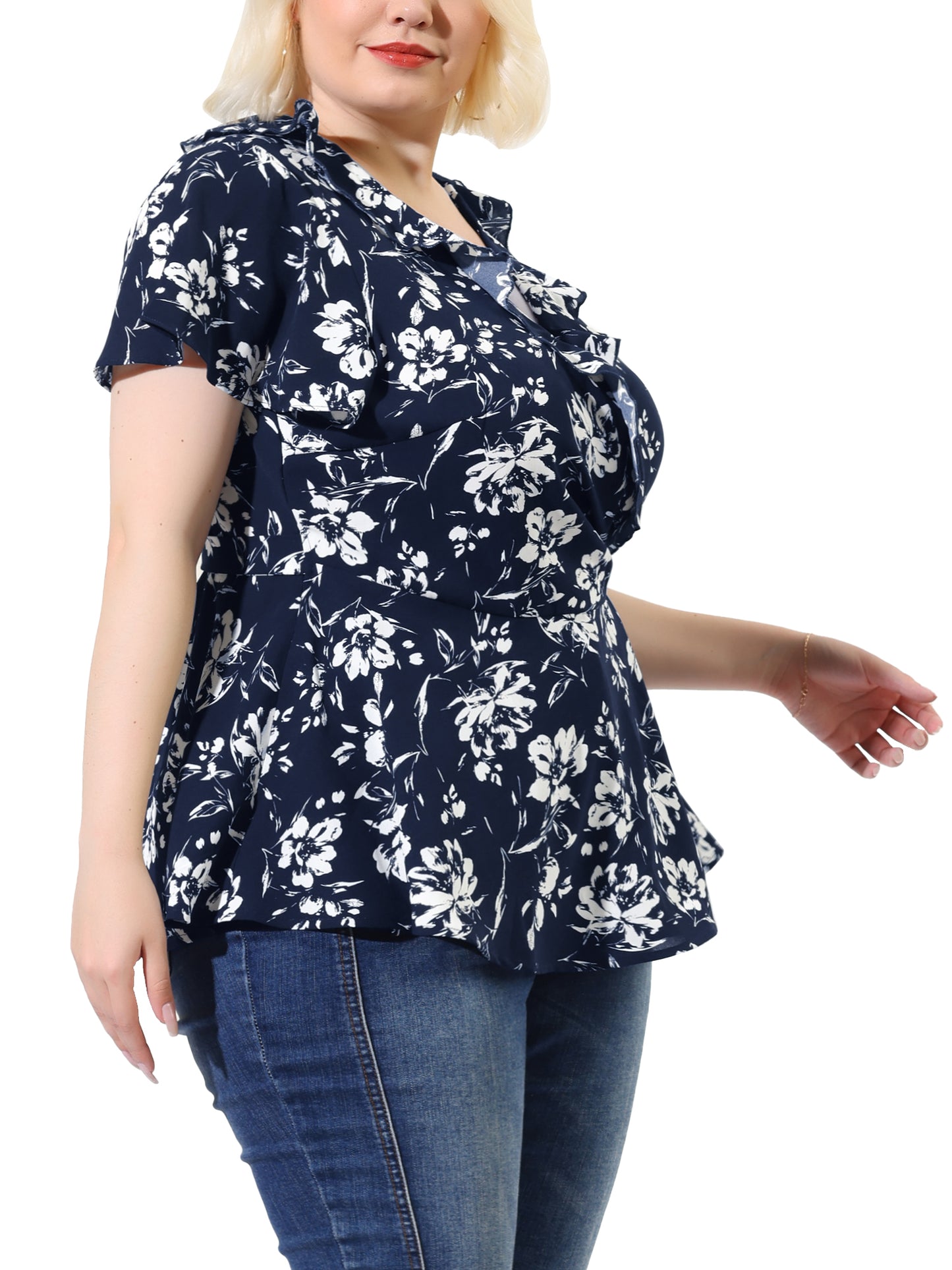 Women Plus Size Wrap V Neck Tie Waist Ruffle Sleeve Blouse Summer Floral Top