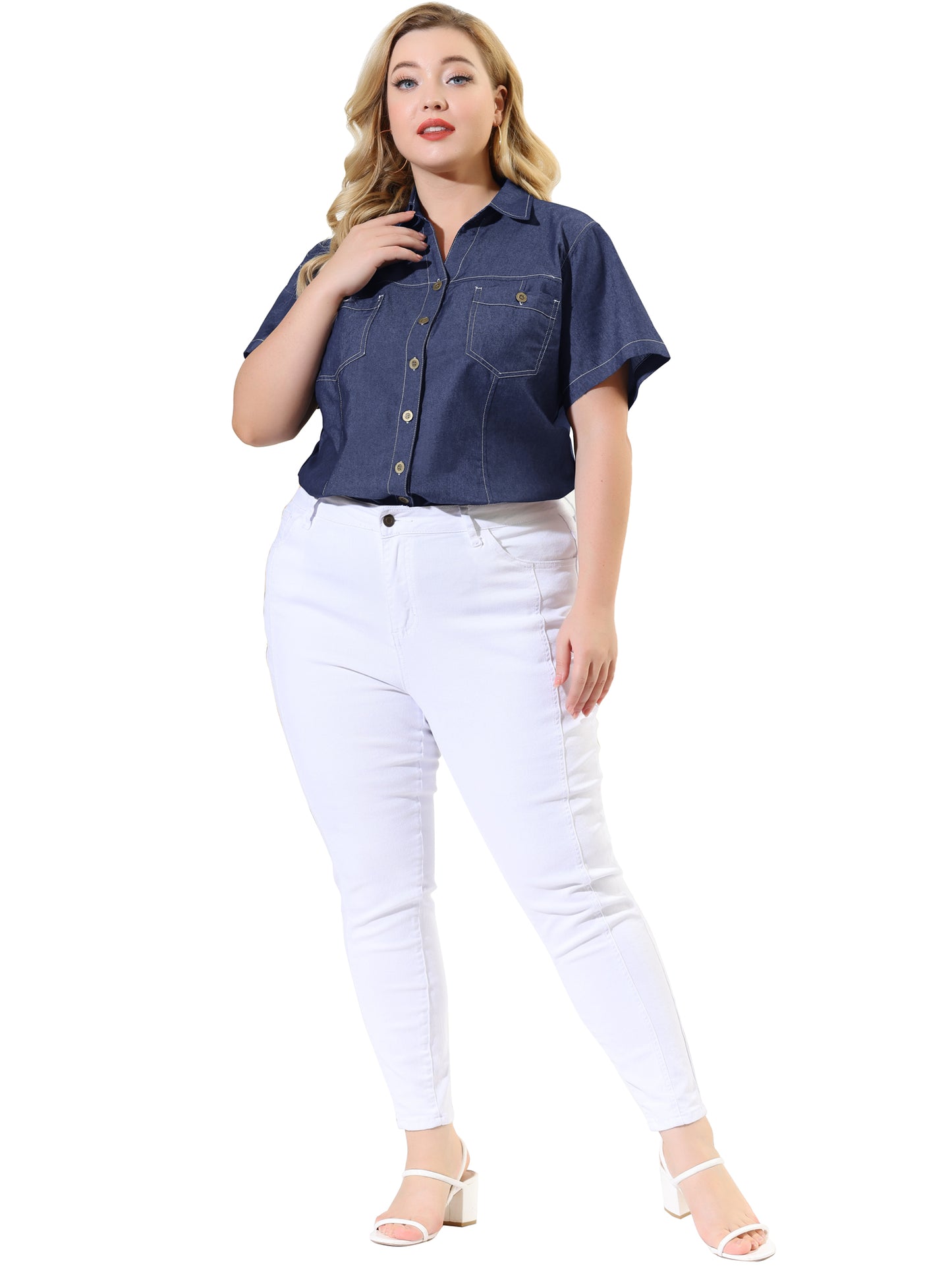Women Plus Size Denim Shirts Short Sleeve Chambray Button Down Casual Shirt