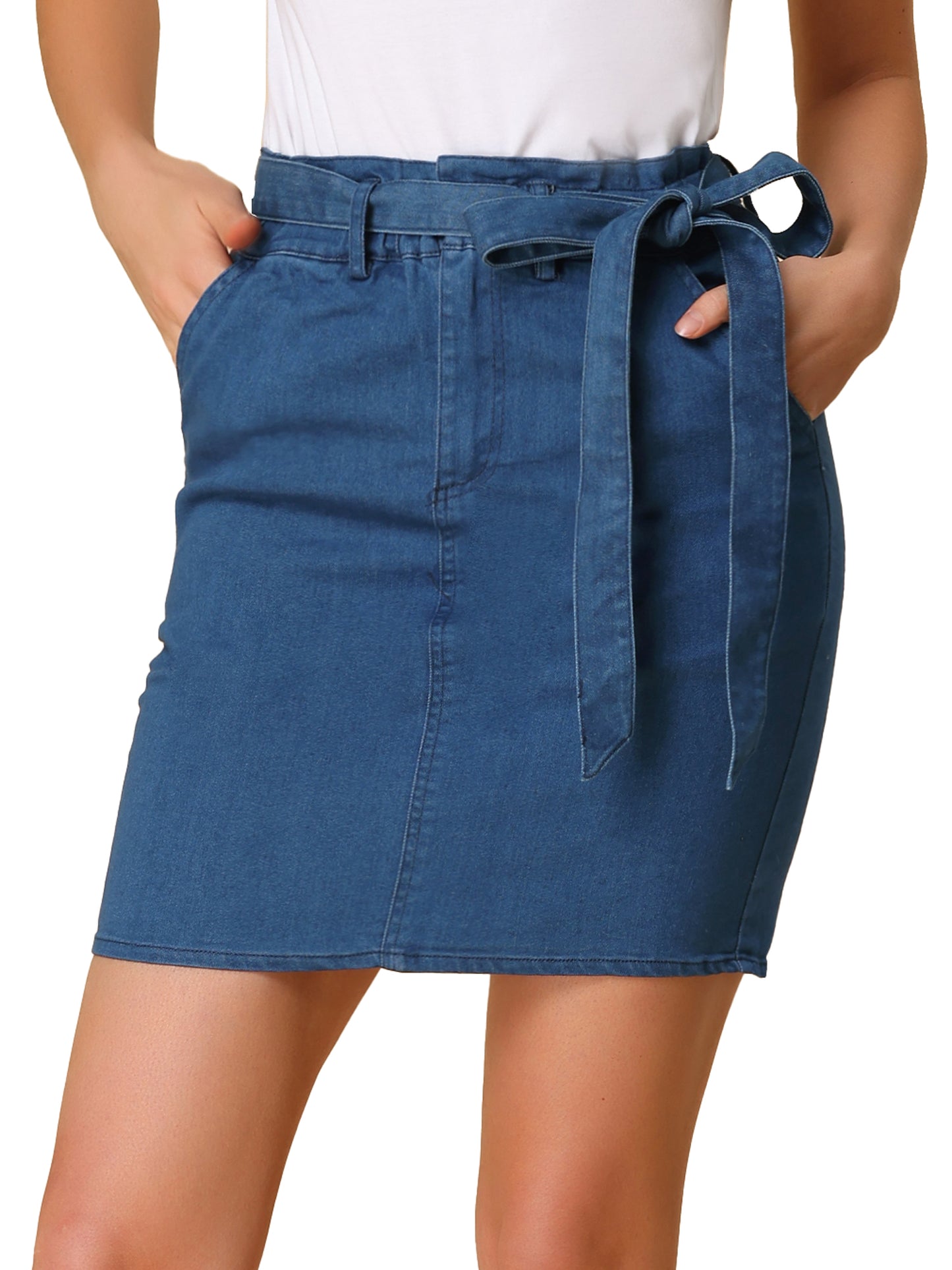 Women's Summer High Waist Paper Bag Elastic Waist Knot Belted Denim Skirt