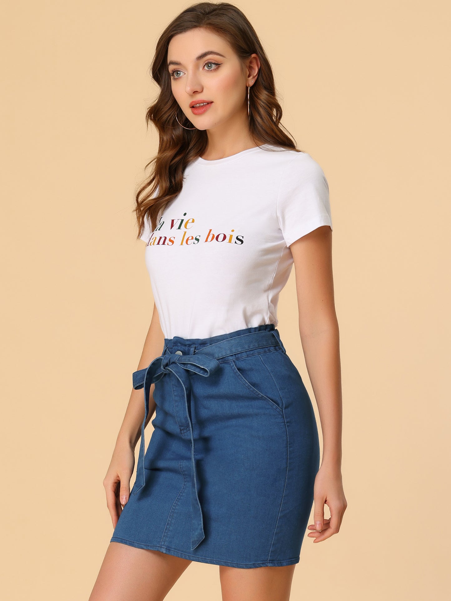 Women's Summer High Waist Paper Bag Elastic Waist Knot Belted Denim Skirt