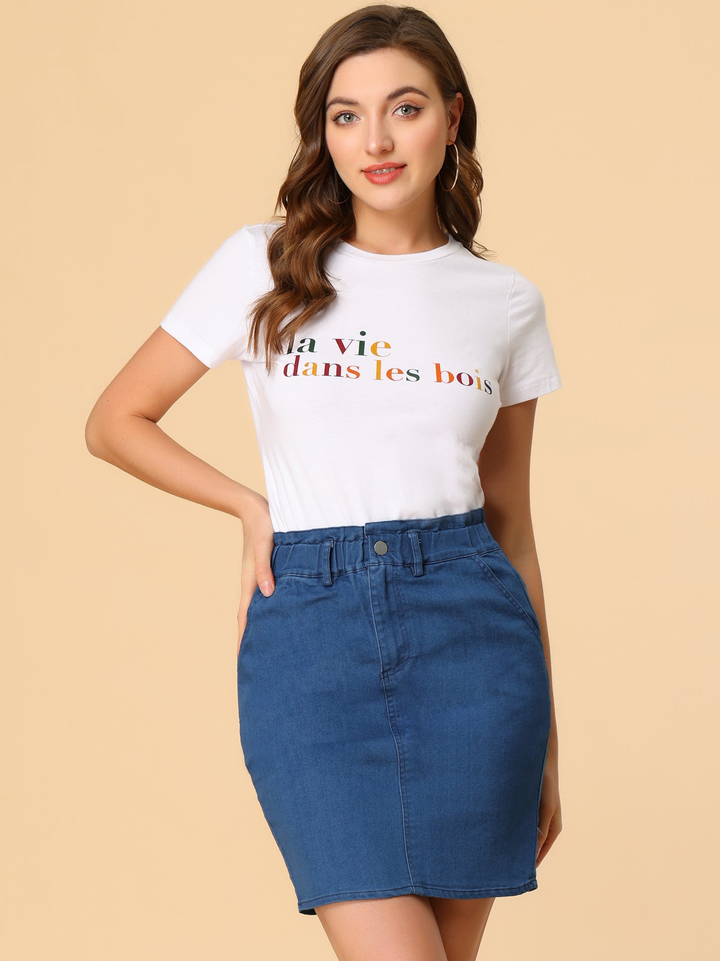 Women's Summer High Waist Paper Bag Elastic Waist Knot Belted Denim Skirt