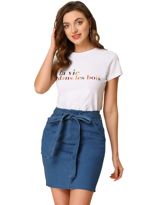 Falda vaquera de verano para mujer, con cintura alta, elástica, con cinturón y nudo