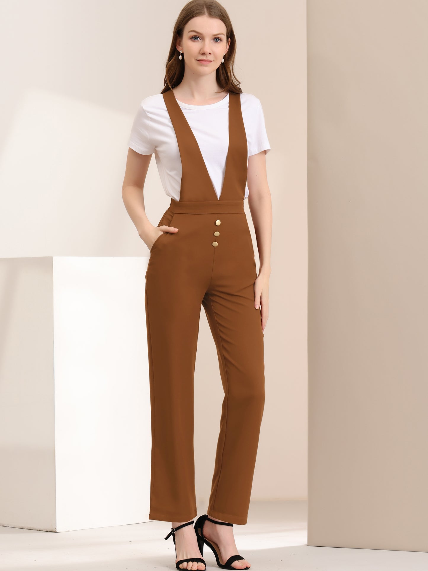 Women's Overalls Wide Leg Pants Slant Pocket Long Suspenders Jumpsuit