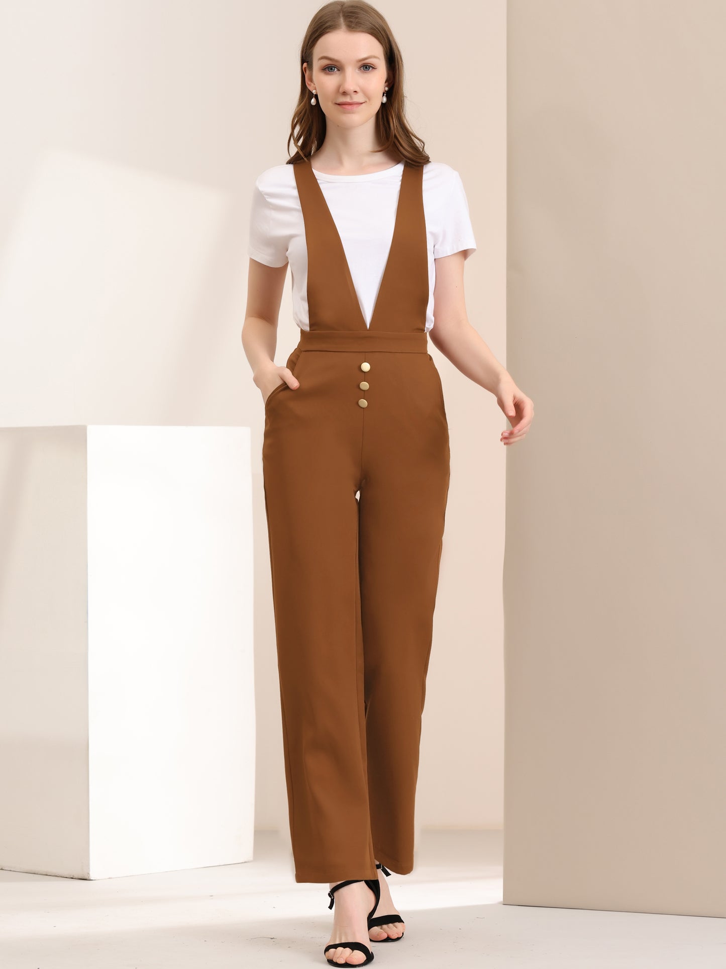 Women's Overalls Wide Leg Pants Slant Pocket Long Suspenders Jumpsuit