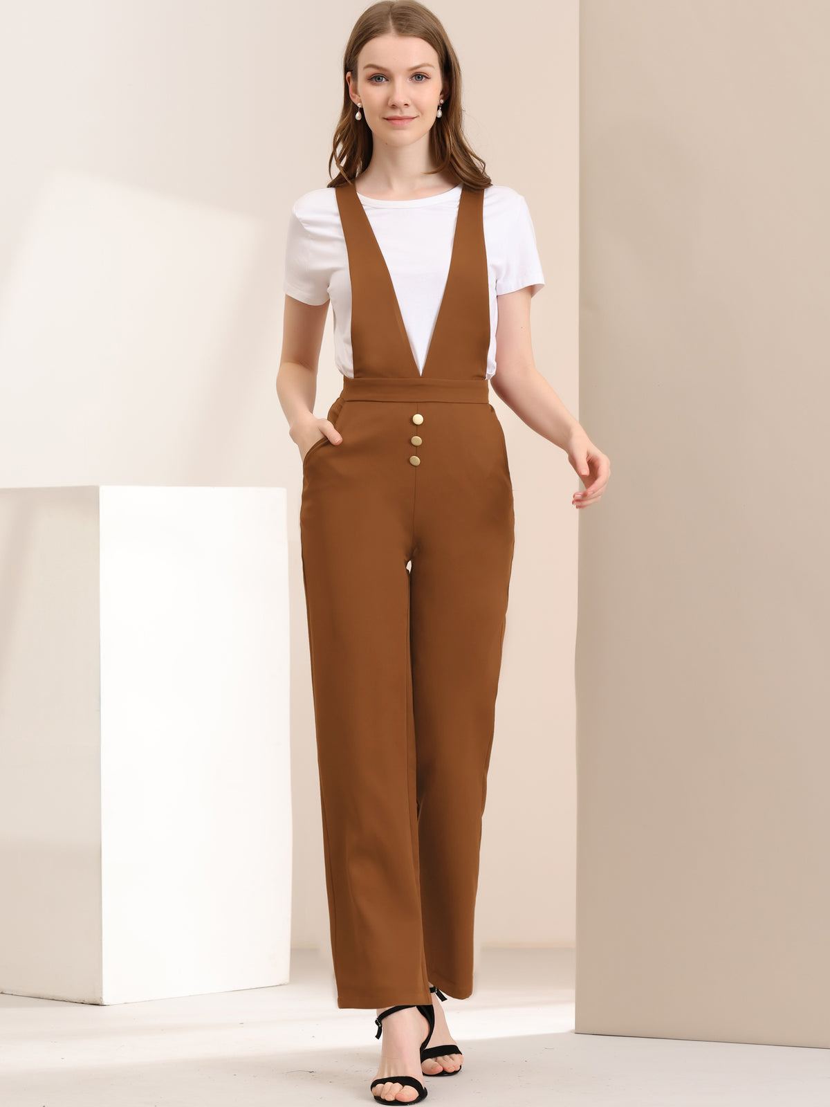 Women's Overalls Wide Leg Pants Slant Pocket Long Suspenders Jumpsuit