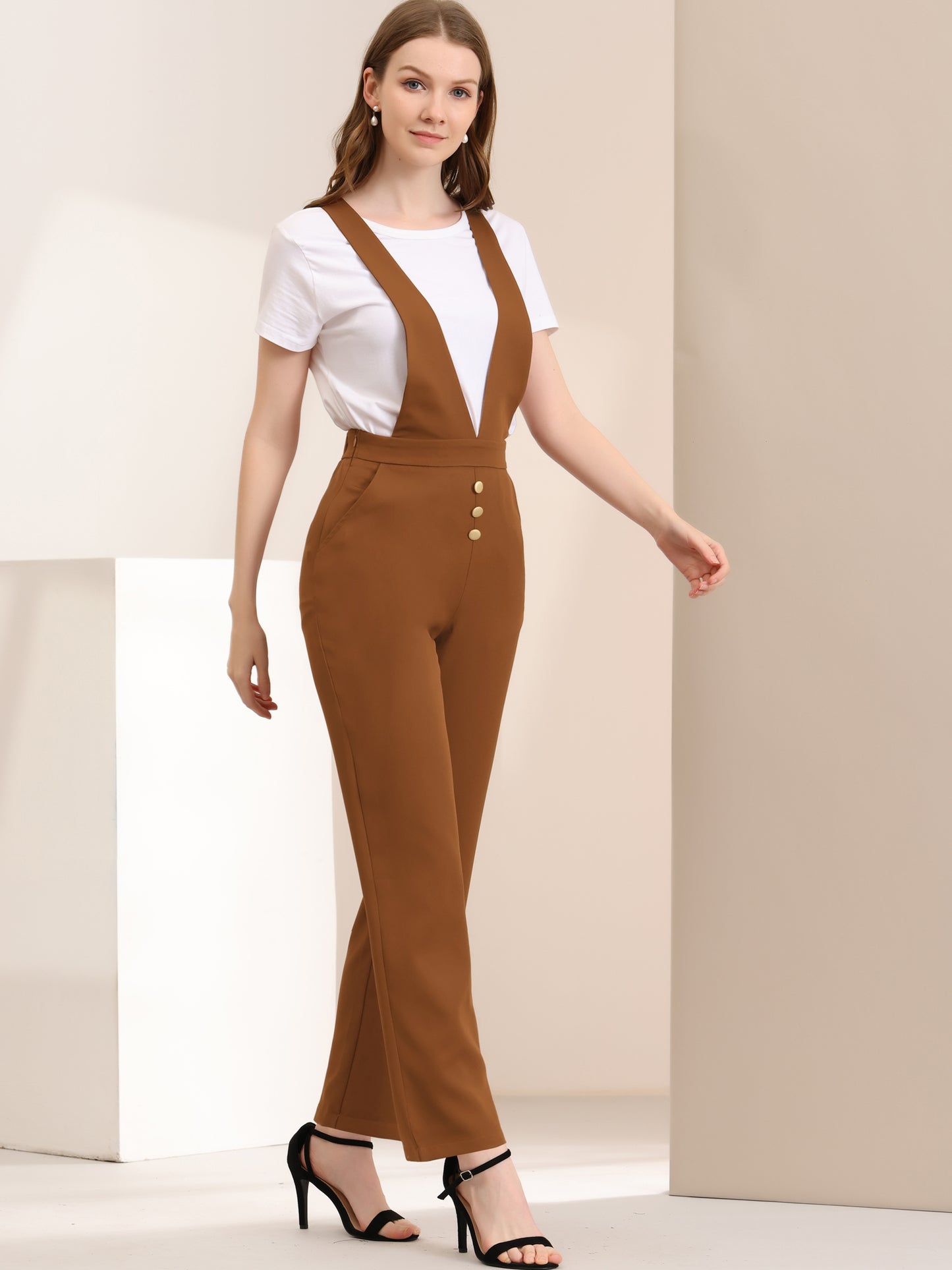 Women's Overalls Wide Leg Pants Slant Pocket Long Suspenders Jumpsuit