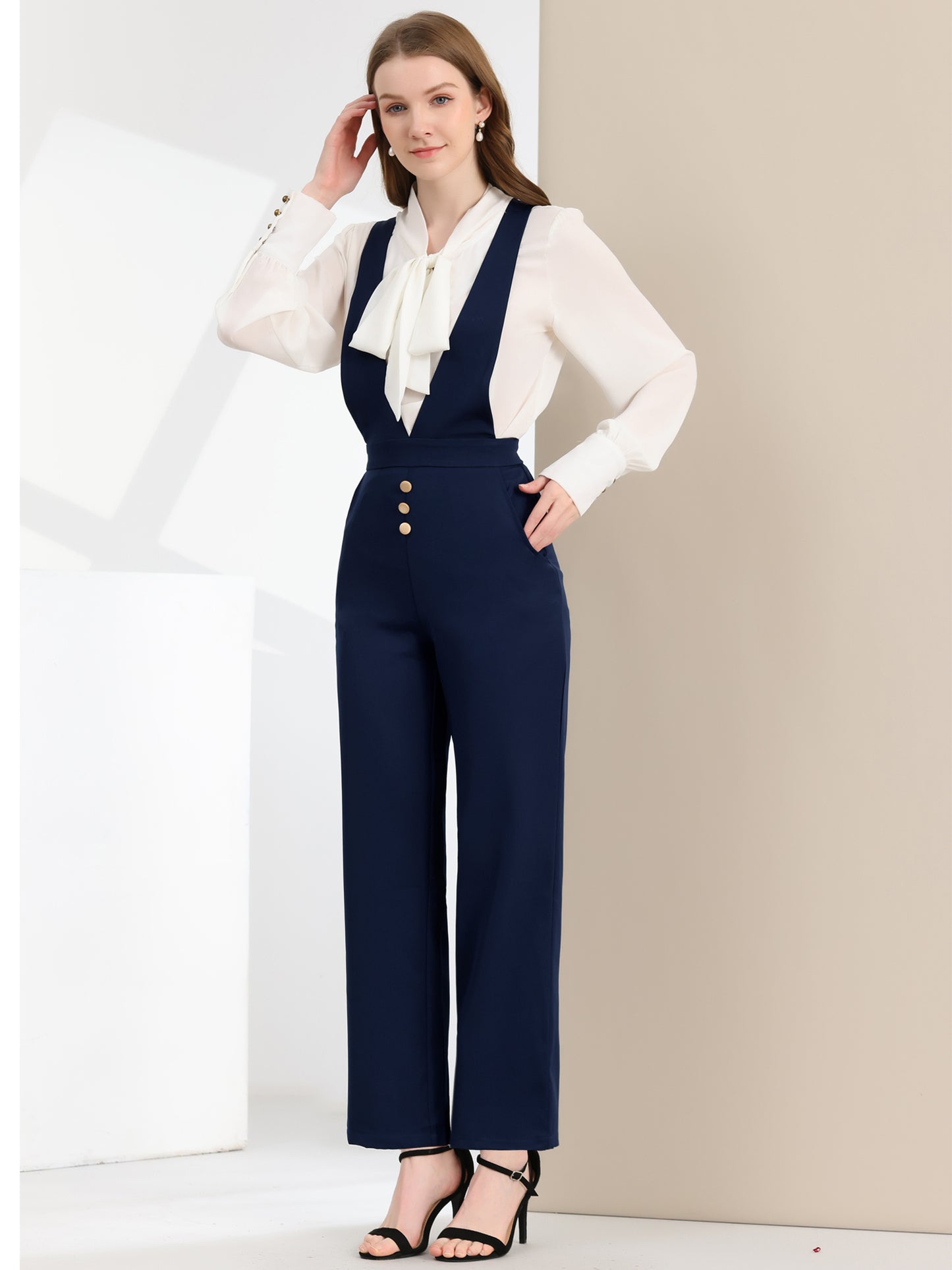 Women's Overalls Wide Leg Pants Slant Pocket Long Suspenders Jumpsuit