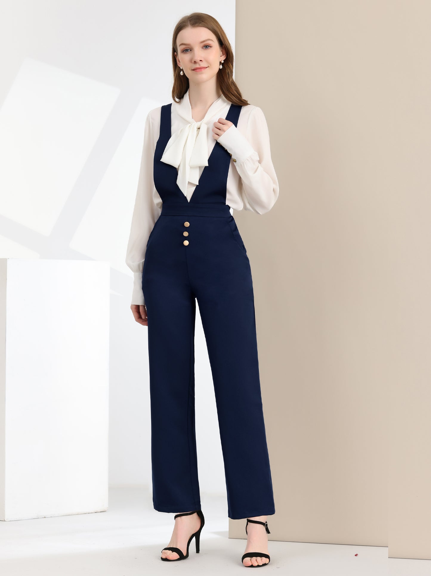Women's Overalls Wide Leg Pants Slant Pocket Long Suspenders Jumpsuit