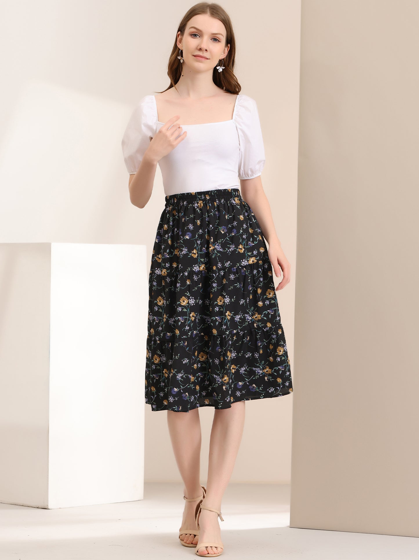 Women's Floral Printed Elastic Waist A-Line Ruffle Hem Tiered Skirt