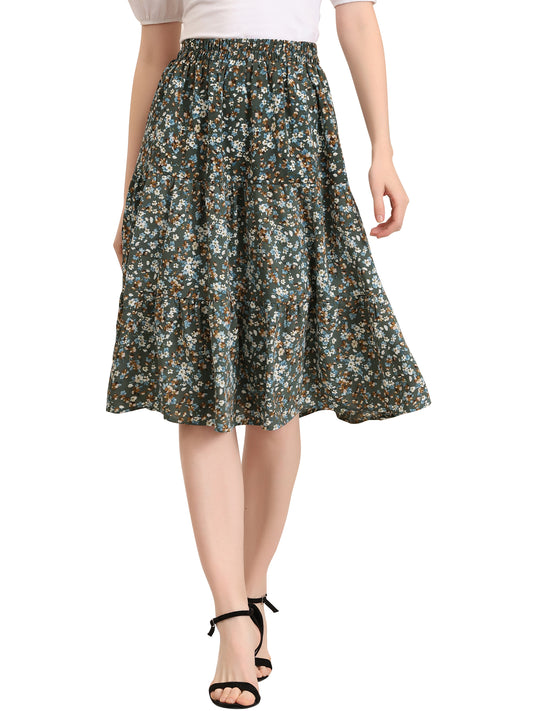 Women's Floral Printed Elastic Waist A-Line Ruffle Hem Tiered Skirt