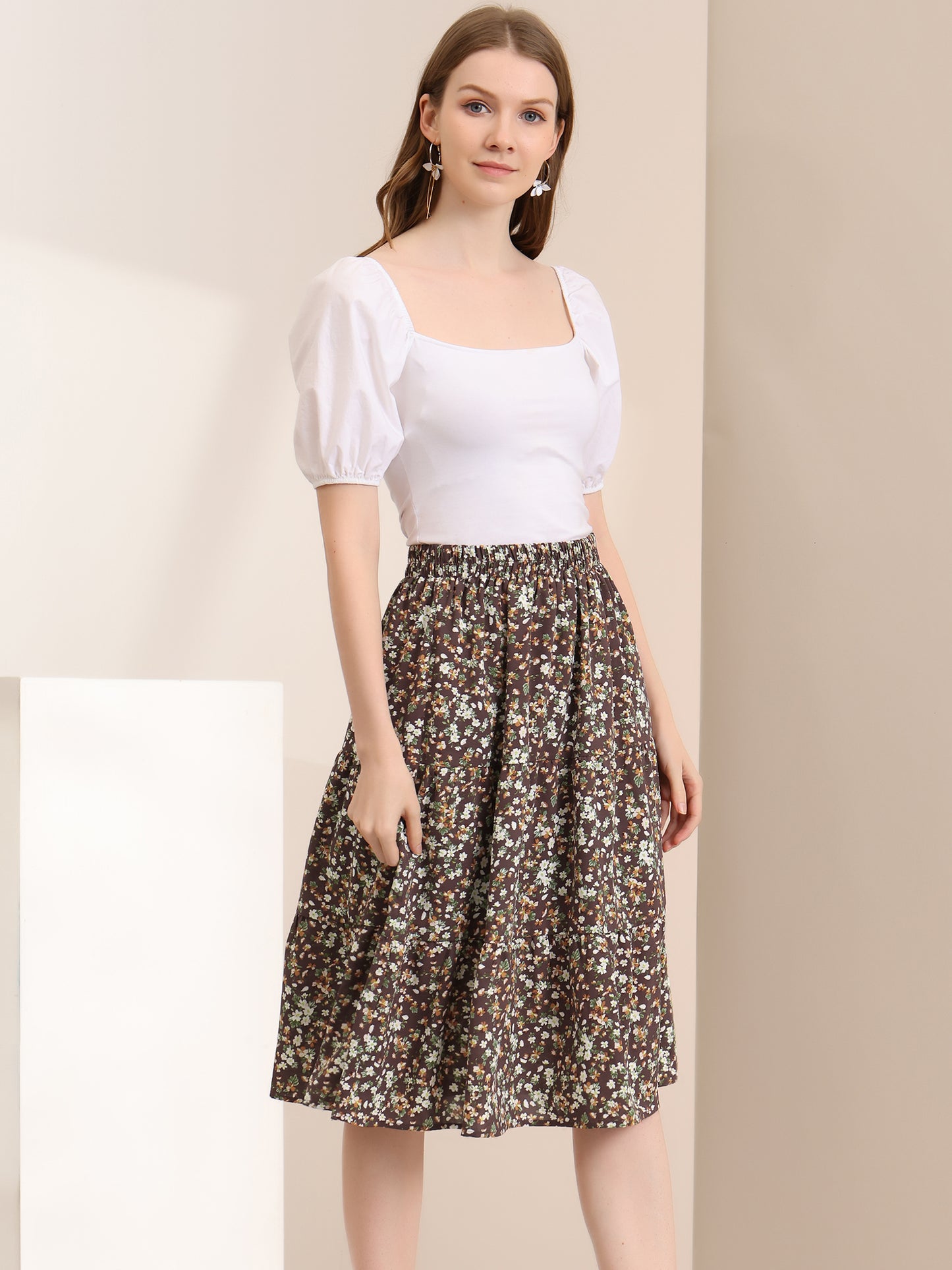Women's Floral Printed Elastic Waist A-Line Ruffle Hem Tiered Skirt