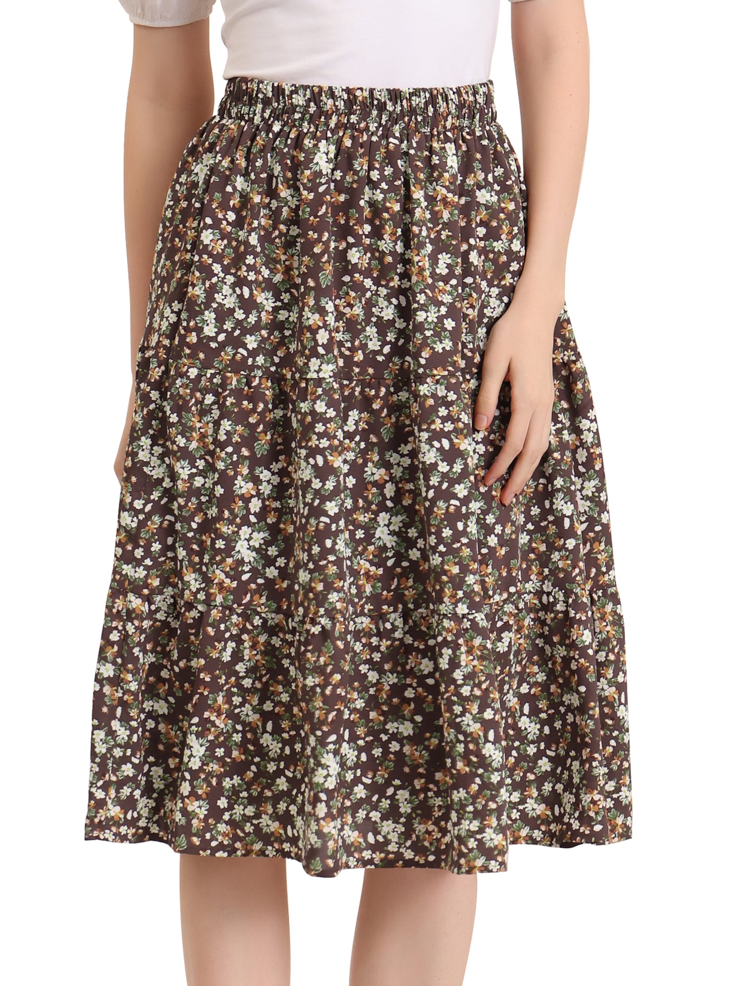 Women's Floral Printed Elastic Waist A-Line Ruffle Hem Tiered Skirt