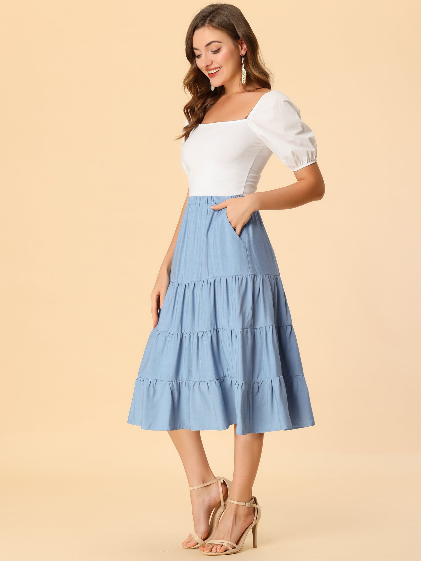 Faldas midi para mujer, estilo bohemio, plisadas, con vuelo, con cintura elástica, largas, con bolsillos