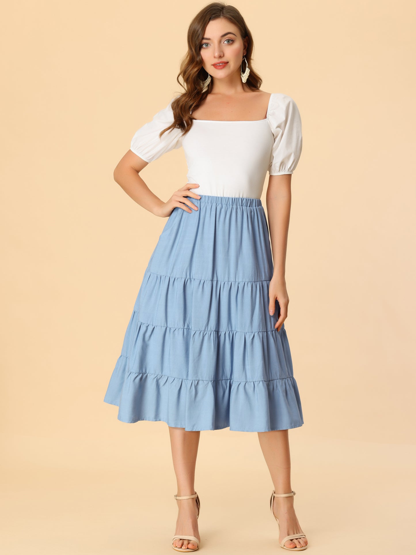 Faldas midi para mujer, estilo bohemio, plisadas, con vuelo, con cintura elástica, largas, con bolsillos