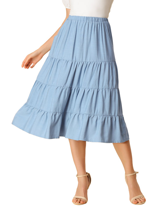 Faldas midi para mujer, estilo bohemio, plisadas, con vuelo, con cintura elástica, largas, con bolsillos