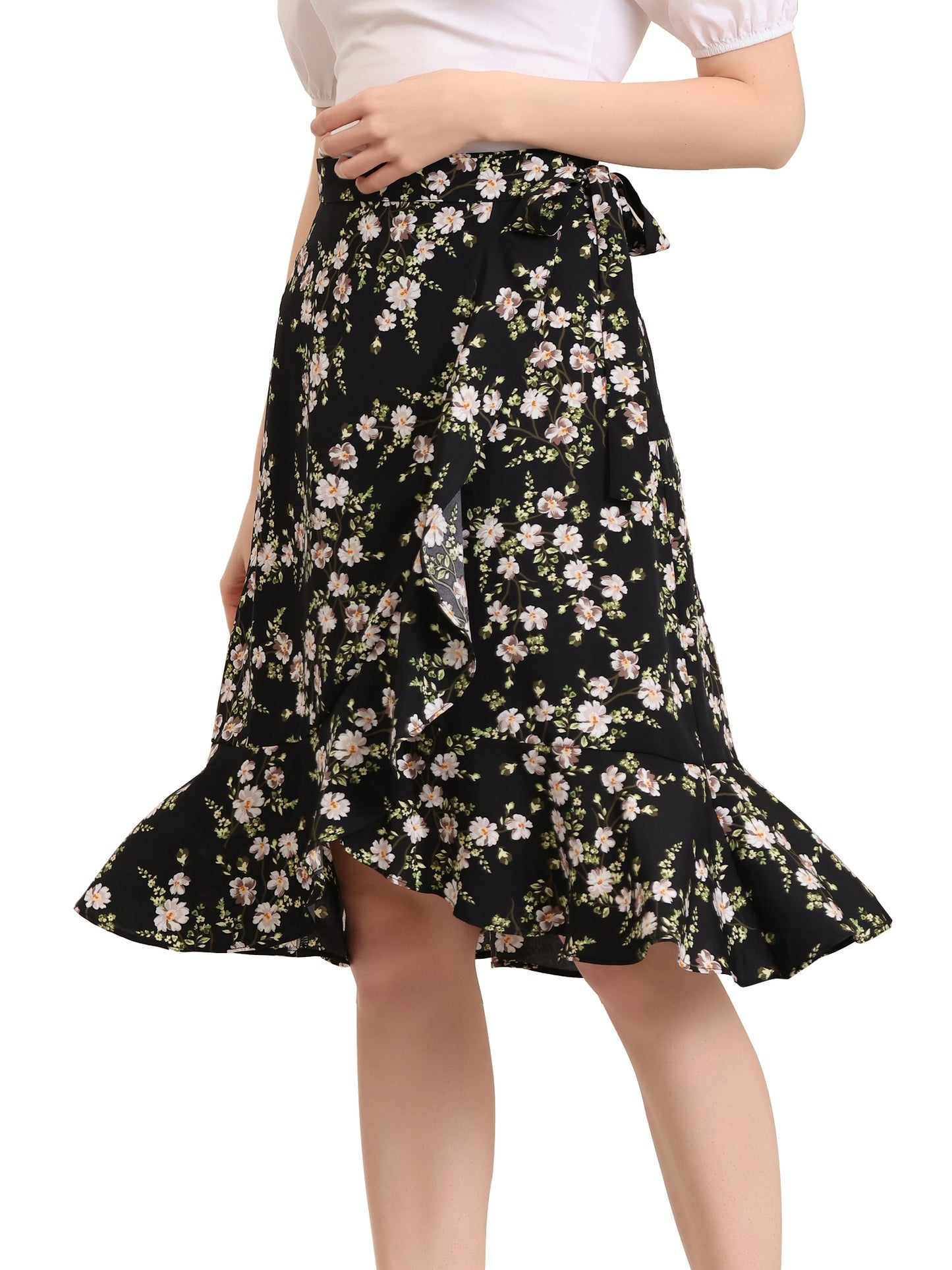 Women's Floral Printed Self Tie Knot High-Low Ruffle Hem Wrap Skirt